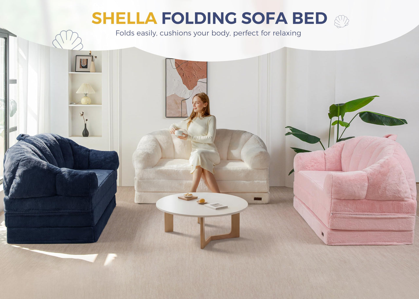 MAXYOYO Folding Sofa Bed, 2 in 1 Convertible Sofa to Lounger Comfy Loveseat Bean Bag Chair for Adults, Floor Couch with Handle, Faux Fur Couch Bed for Living Room Bedroom, Navy, Loveseat