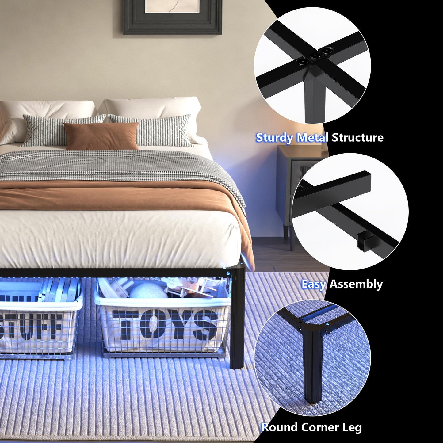 DORITRON Twin Bed Frame with Led Lights, 14 inch Heavy Duty Metal Platform Bed Frame Twin Size with Charging Station, No Box Spring Needed, Noise-Free