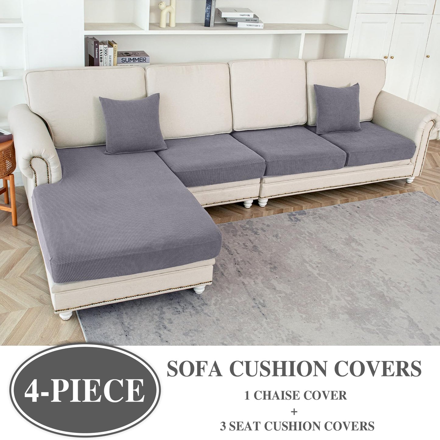 LA MEACK Couch Cushion Covers for Sectional Sofa L Shape Washable Separate Seat Chaise Couch Cover Stretch Sofa Slipcovers with 2 Pcs Pillowcases(3 Seater + 1 Chaise, Light Grey)