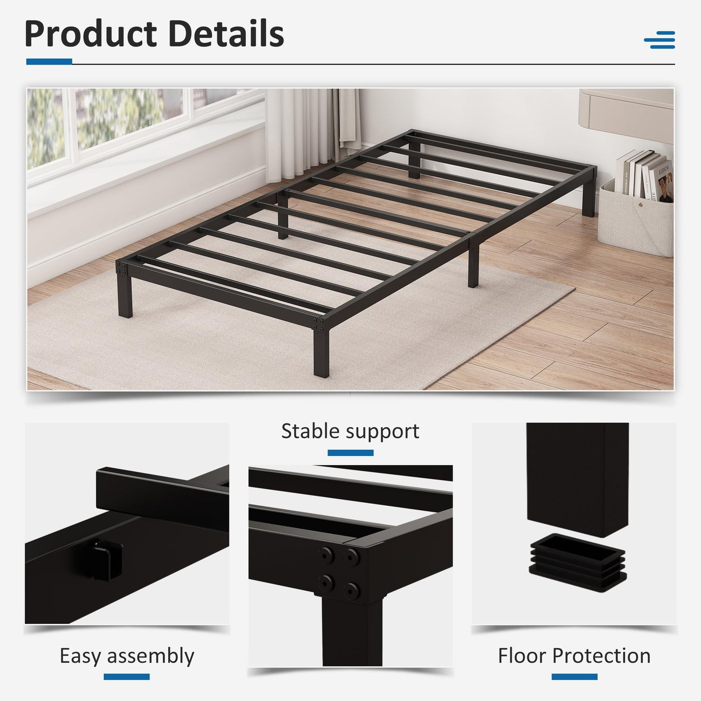Fly-CTsoar 9 Inch Low Twin Bed Frames Heavy Duty Metal Platform, No Box Spring Needed, Easy Assembly Mattress Foundation, No Noise, Black