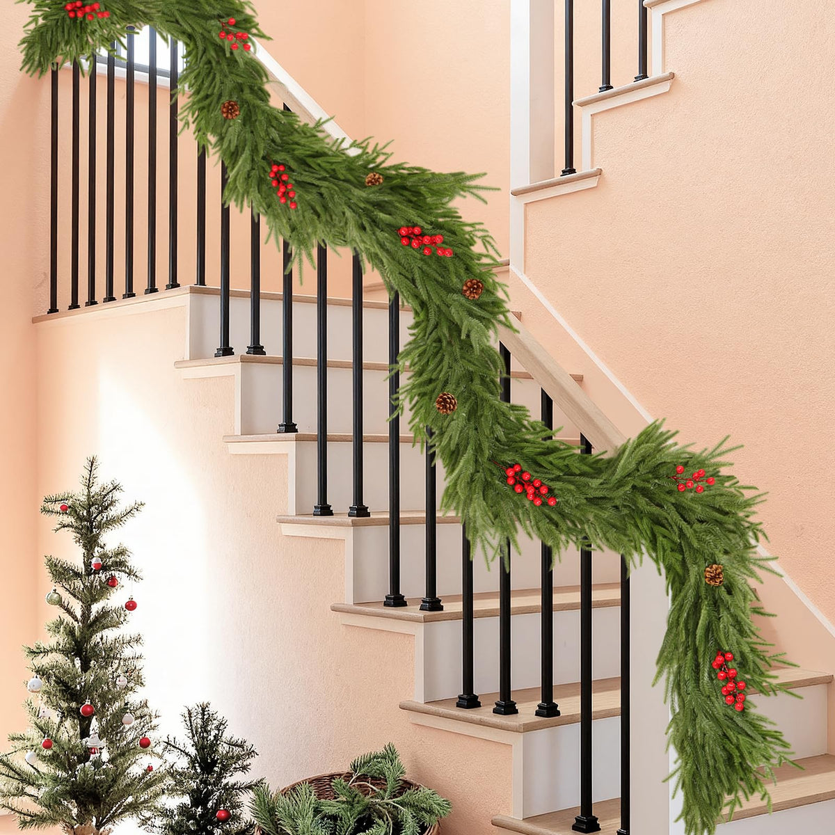 2 PCS 6FT Artificial Norfolk Pine Garlands - Real Touch Winter Pine Garland, Green Artificial Greenery Garland for Mantle, Table, Wall, Indoor & Outdoor Fireplace Christmas Decorations