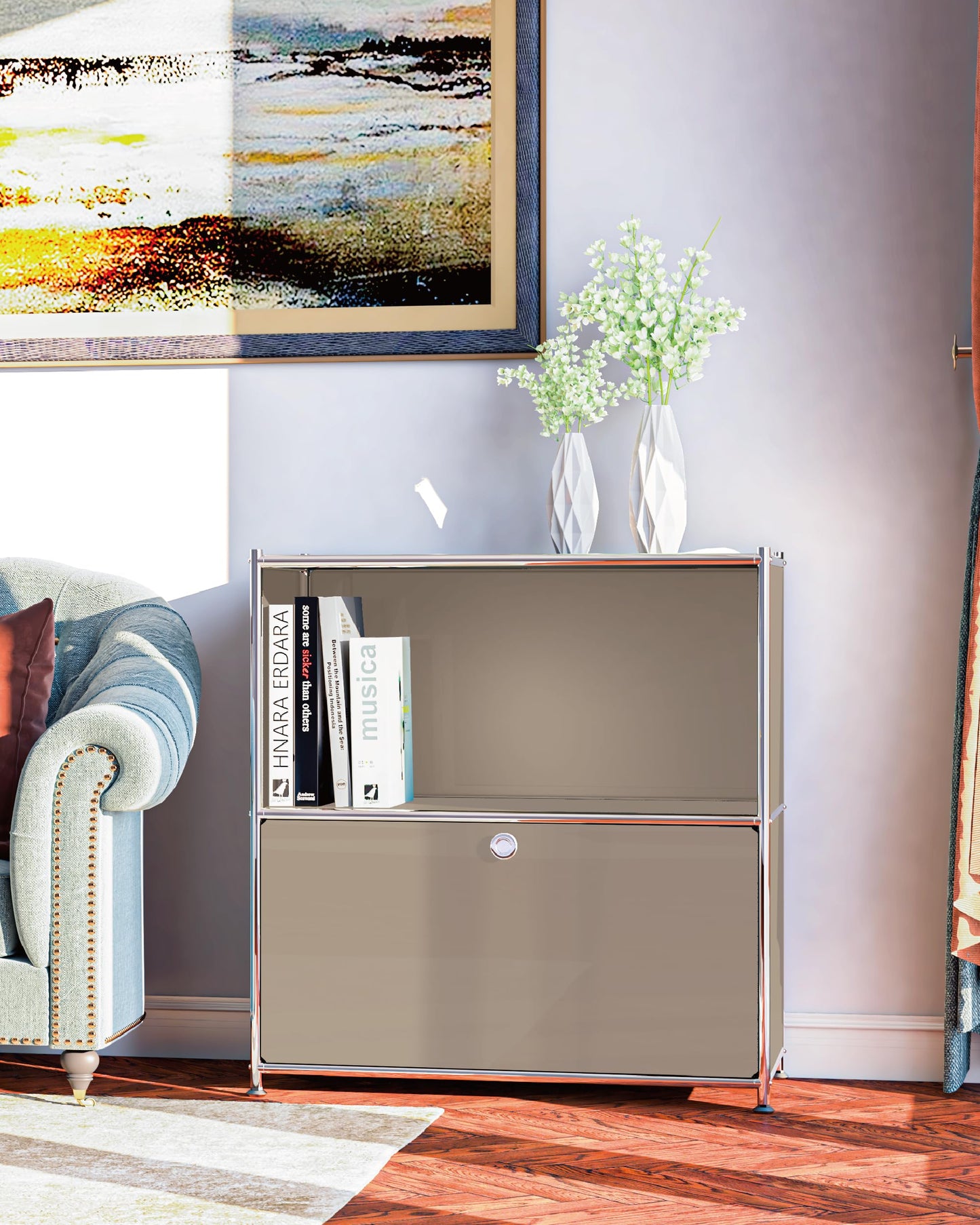 Simplink 32.5-Inch Flip-Top Storage Cabinet with Detachable Wheels, Metal Side Table and Small Sideboard Cabinet for Living Room, Bedroom, Office, Orange