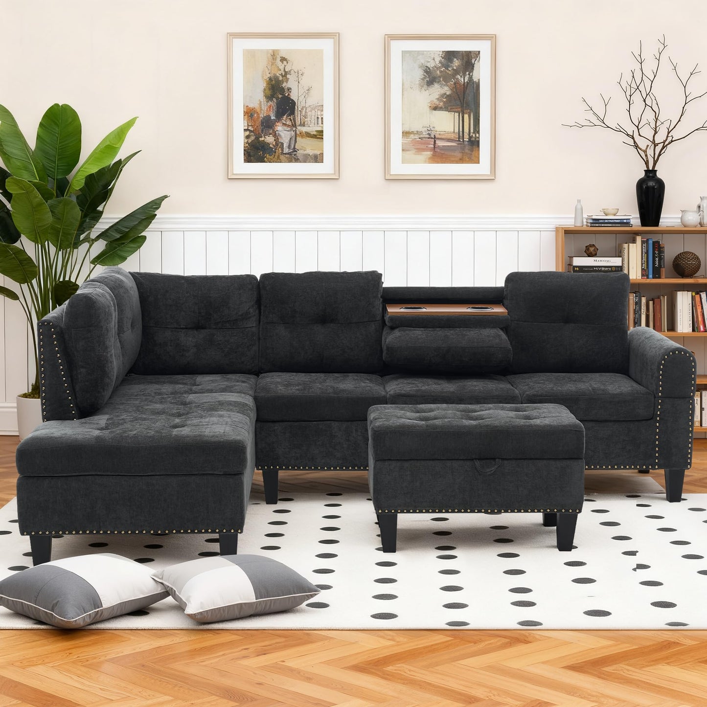 Trygoal 97.5" L Shaped Couches for Living Room, Sectional Couch Living Room Furniture with Storage Ottoman, Modular Sectional Sofa with Movable Chaise for Apartment Office, Black