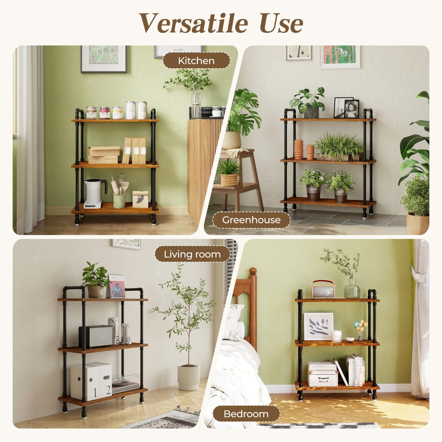 Anynice Industrial Bookshelf, Rustic Open Bookcase, 3 Tier Wood and Metal Bookshelves, Solid Pine Wood and Iron Pipe Storage Shelf Narrow Small Space Organizer for Living Room Office Bedroom Kitchen