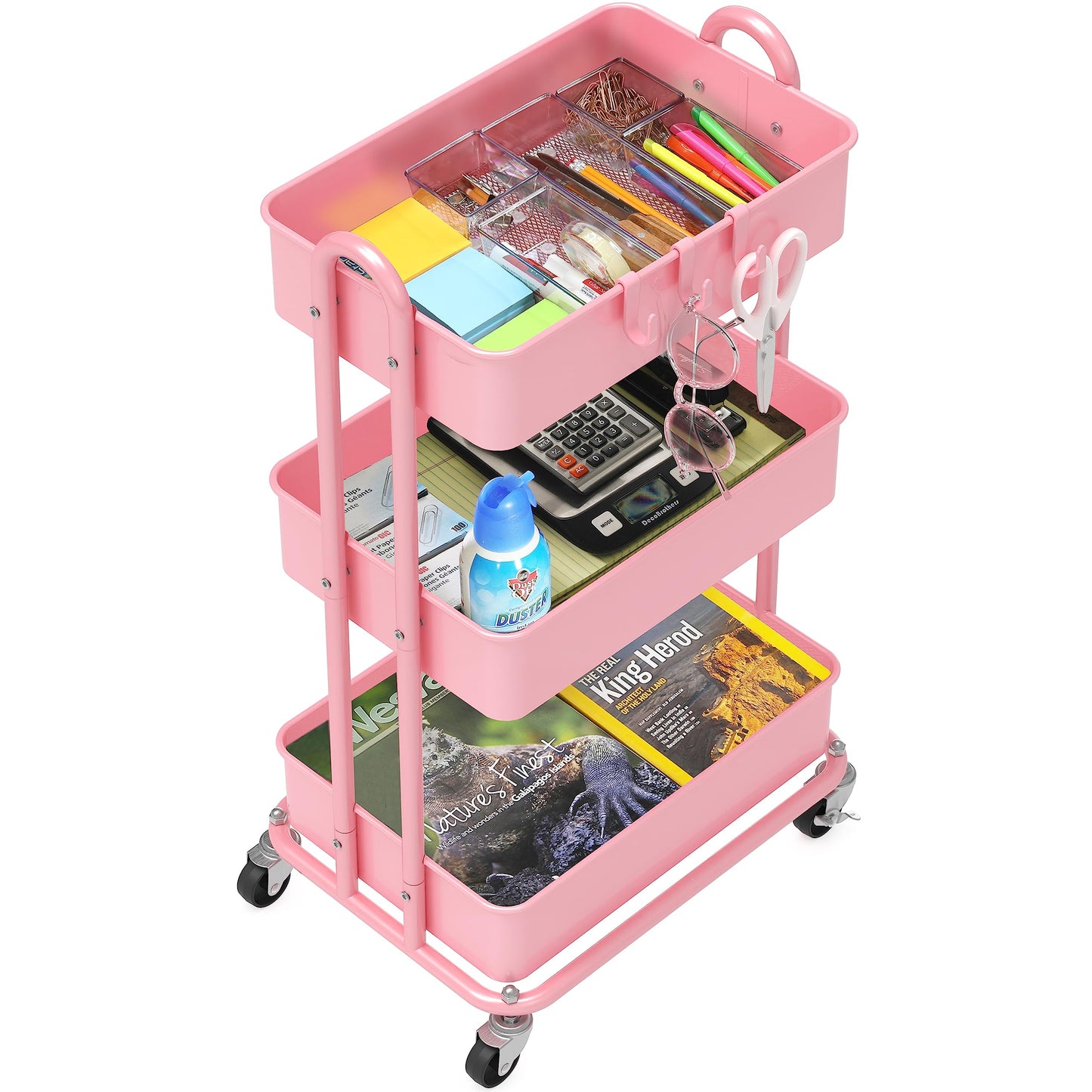 Simple Houseware 3-Tier Heavy Duty Metal Utility Rolling Cart, Pink