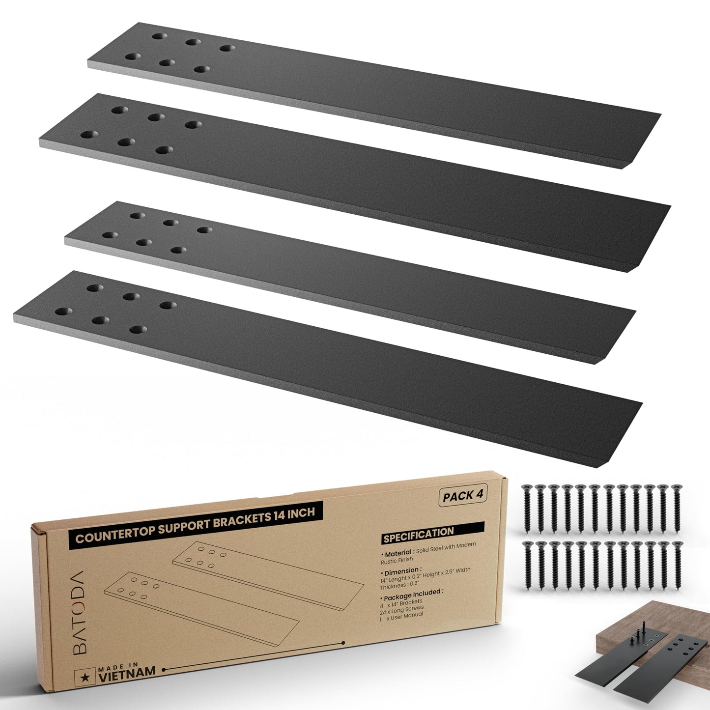 BATODA 14" Countertop Support Brackets (4 pcs) for Granite - Heavy Duty L Shelf Bracket - Wall Mounted Support for DIY Open Shelving – Knee Wall Support - Mounting Hardware Included ( Pack 4 )