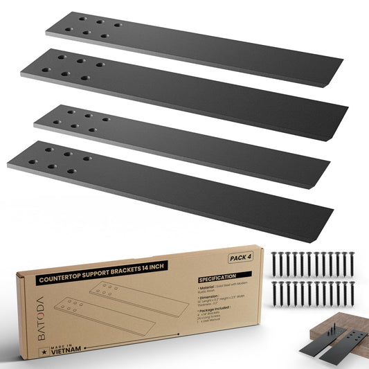 BATODA 14" Countertop Support Brackets (4 pcs) for Granite - Heavy Duty L Shelf Bracket - Wall Mounted Support for DIY Open Shelving – Knee Wall Support - Mounting Hardware Included ( Pack 4 )
