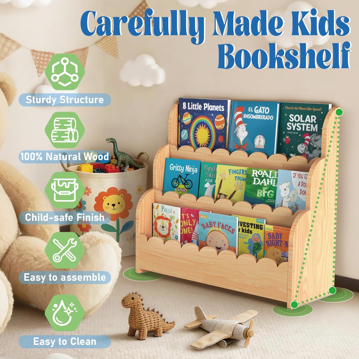 NANATI 3-Tier Scalloped Kids Bookshelf, Solid Pine Wood Nursery Book Shelves, Montessori Bookcase,Toddler Bookshelf for Kids Room, Childrens Book Shelf Organizer for Playroom and Classroom