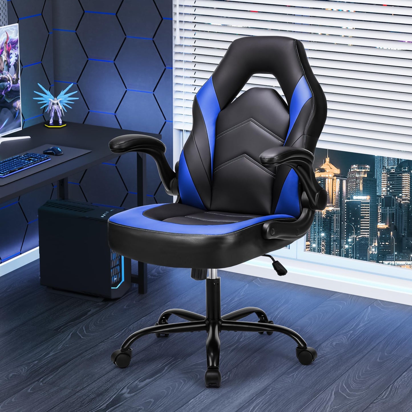 Sweetcrispy Computer Video Game Desk Chair - Ergonomic Comfy Lumbar Support, PU Leather with Flip-up Armrest, Height Adjustable and 360° Swivel, for Adults, Black Blue