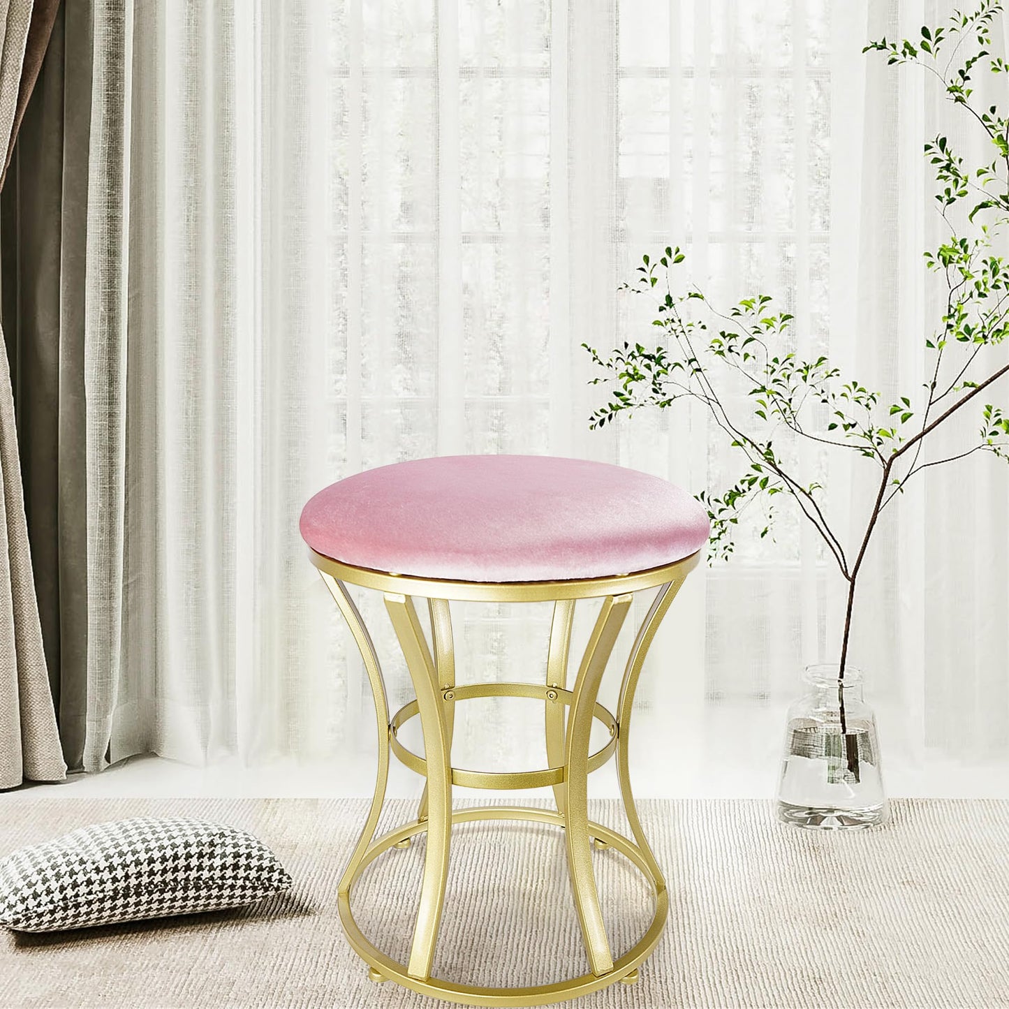 Ellensamqi Velvet Round Vanity Stool Chair,Pink Velvet Footrest Ottoman Foot Stool Seat with Golden Metal Legs,Makeup Chair for Bathroom Vanity,Bedroom,Living Room