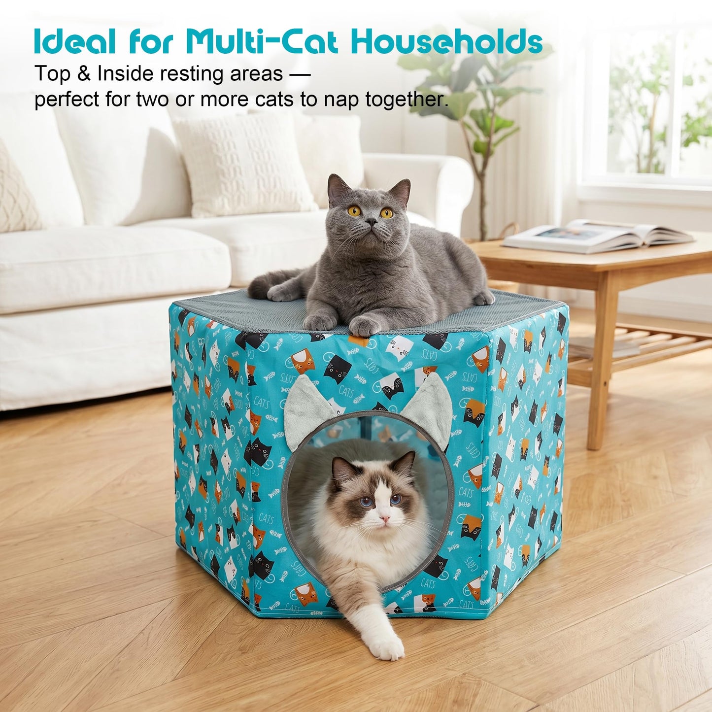 Cat Beds for Indoor Cats, Elevated Cat Hammock Bed, Hexagon Cat House with Breathable Mesh & Non-slip Bottom, Large Cat Cave Hanging Cat Bed for Indoor and Outdoor Use, 24'' x 21'' x 14.5''