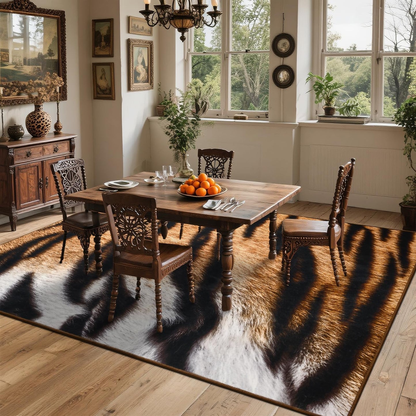 DweIke Tiger Rugs for Living Room, 4x6 Soft Faux Animal Tiger Print Area Rug, Washable Non-Slip Stain Resistant Throw Carpet for Dining Room Office Western Home Decor, Yellow