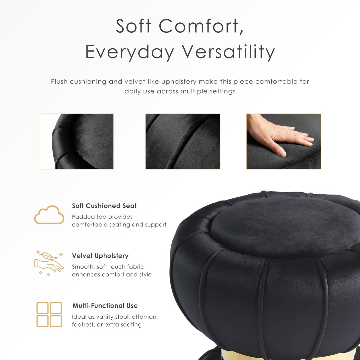 Furniture of America Magnus Modern 15-inch Upholstered Ottoman with Hourglass Shape and Stainless Steel Gold Trim, Vanity Stool Chair, Small Foot Stool for Bedroom, Living Room, Entryway, Black