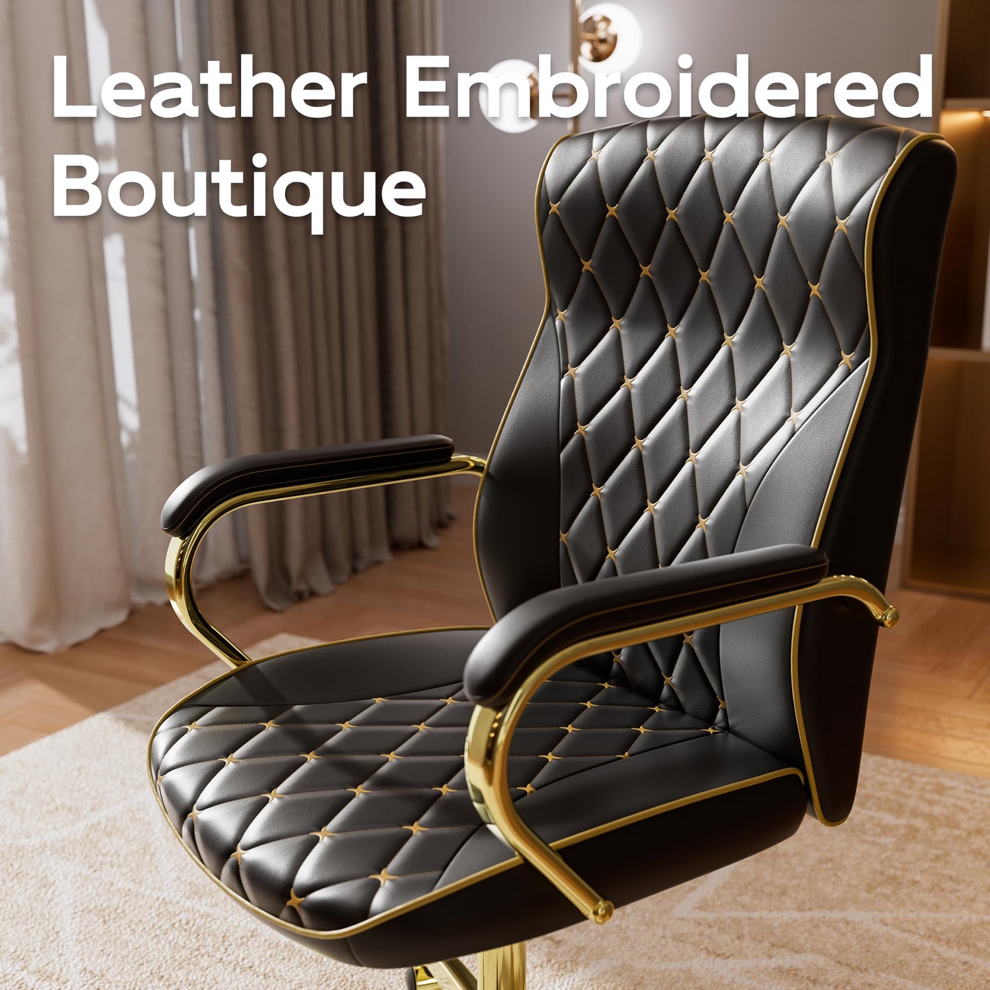 HomeZeer Black and Gold Office Chair with Soft Leather Embroidery, Mid Back Vintage Swivel Executive Desk Chair with Wheels and Padded Arms, Adjustable Height