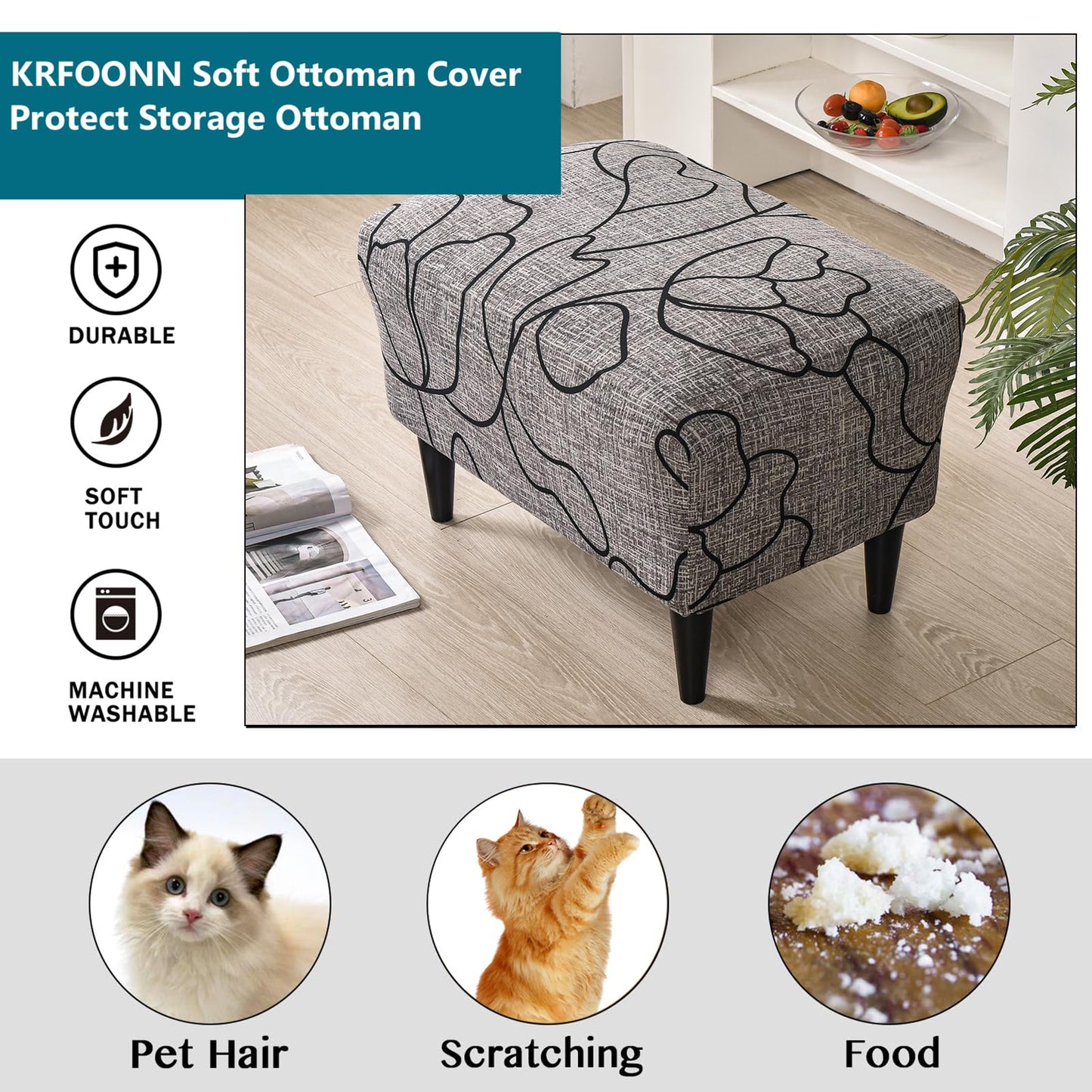 KRFOONN Ottoman Slipcovers Stretch Rectangle Footrest Stool Covers Printed Ottoman Cover for Foot Stool Furniture Protector with Non Slip Elastic Bottom(24, X-Large)