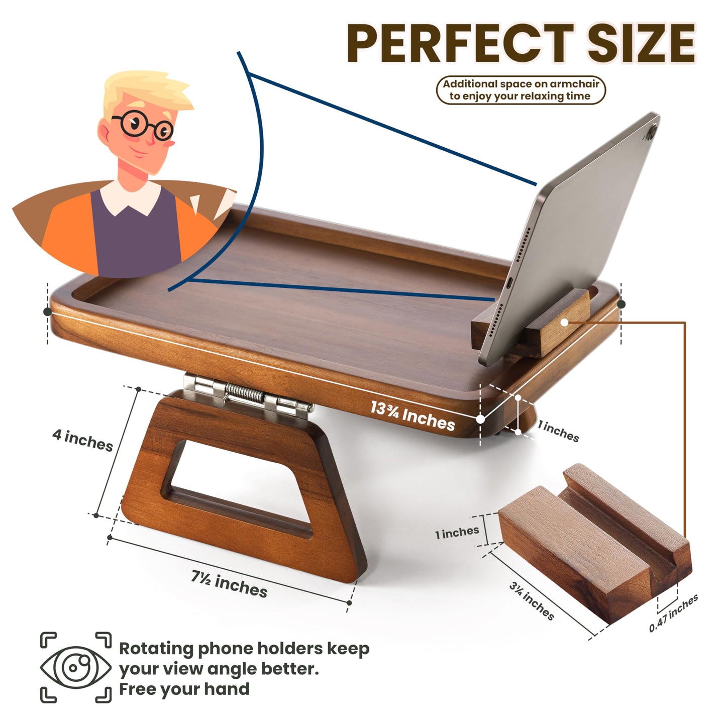 Tinamo Acacia Wood Sofa Armrest Tray with Phone Holder - Large Sofa Arm Tray Table Clip - Couch Arm Table for Wide Couches - Wooden Side Tables for Small Spaces for Eating and Drink(13.8" x 9.5" x 1")