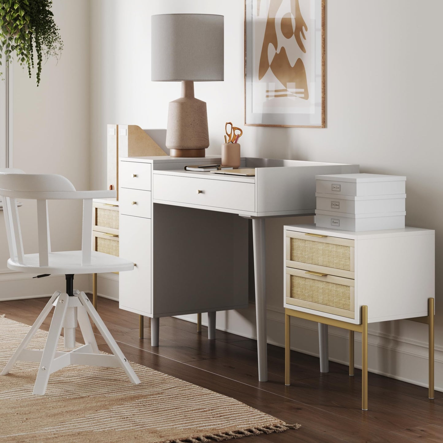 Nathan James Daisy White Desk Wall Unit, Vanity and Nightstand Set, Wood Desk with Drawer and Side Table with Metal Legs and Rattan Accent