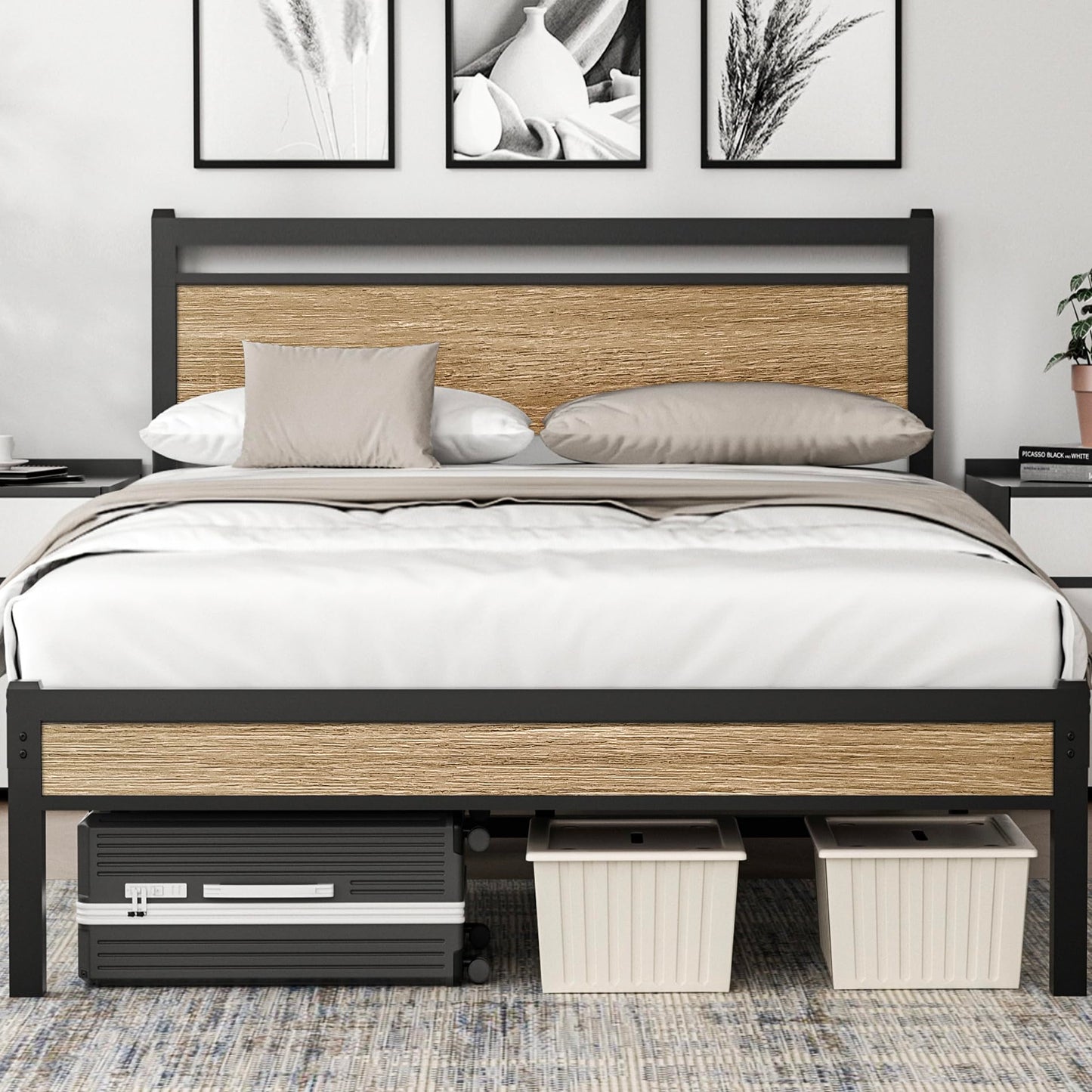 Easy Install 16 Inch Queen Size Bed Frame,Metal Platform Bed Frame with Wooden Headboard and Footboard,Mattress Foundation,Large Under Bed Storage,No Box Spring Needed,Non-Slip Without Noise,Walnut