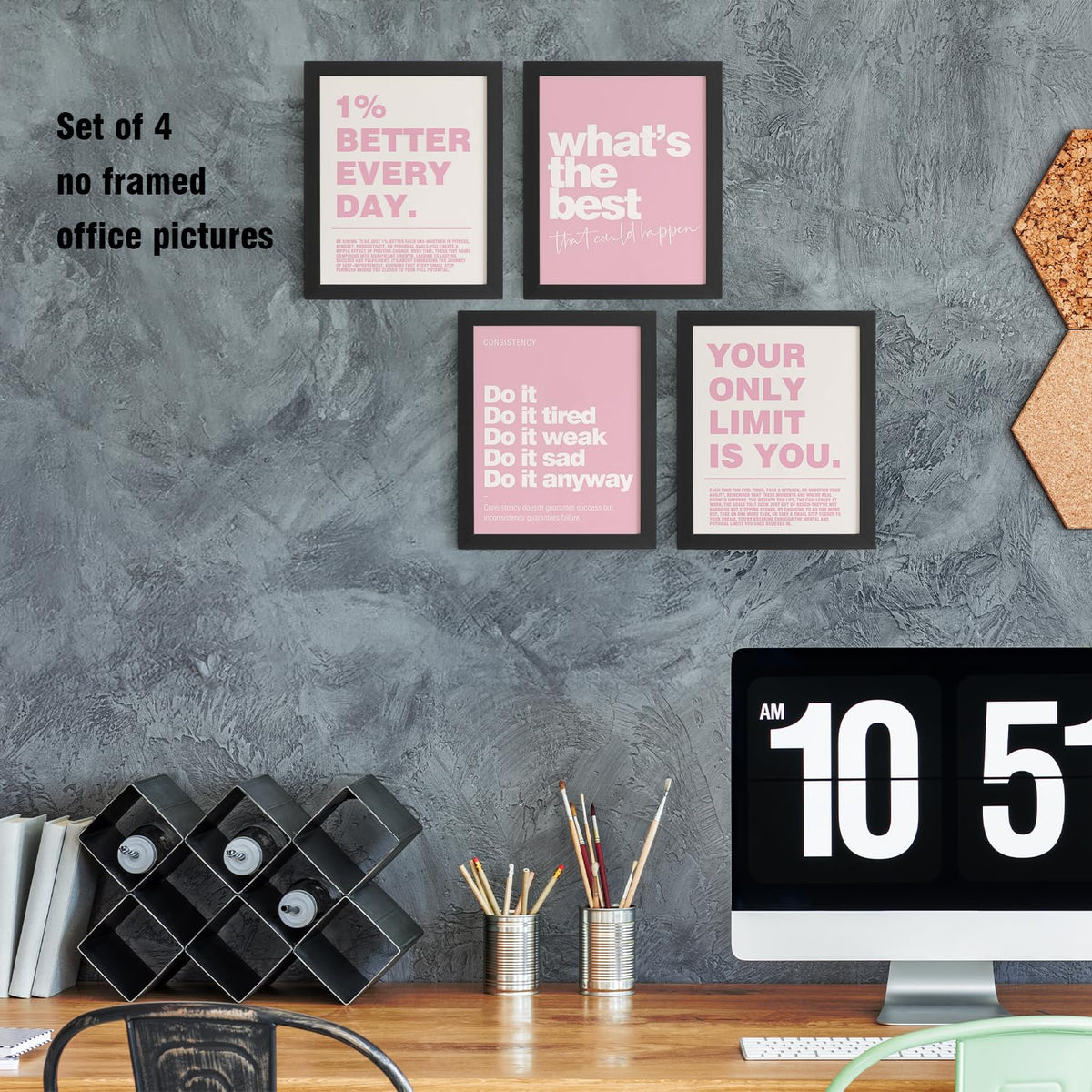 DSHFG Motivational Inspirational Office Wall Art Decor Prints Set of 4, Pink Motivational Wall Decor Trendy Retro Posters for Office Home Decor, 8x10 Unframed