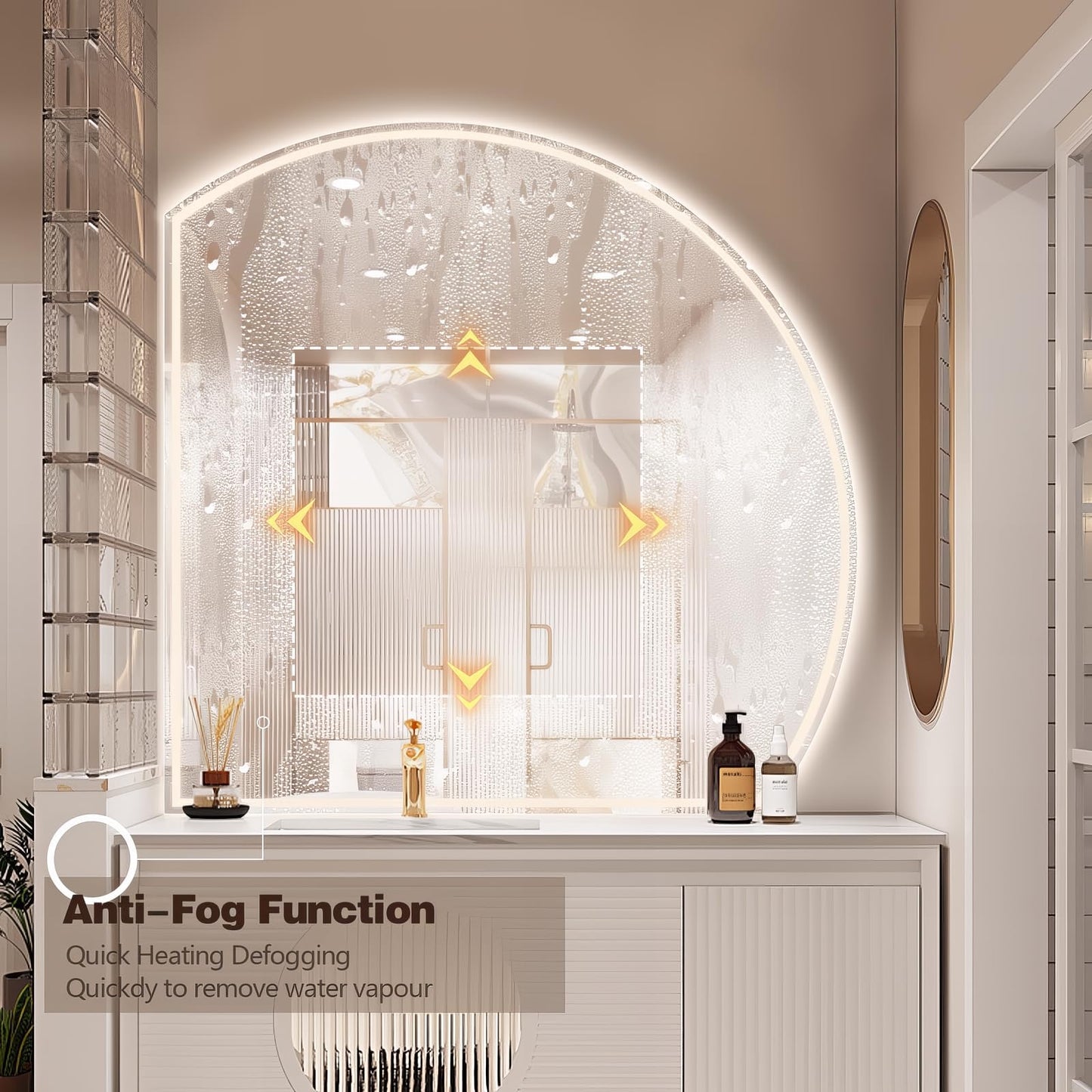 Niccy 32" Half Moon LED Mirror for Bathroom, Backlit/Front Lighted, Irregular 1/4 Round Lighted Mirrors with Bedroom Wall-Mirror, Frameless-Mirror for Entryway, Anti-Fog, Dimmable, Makeup-Mirror