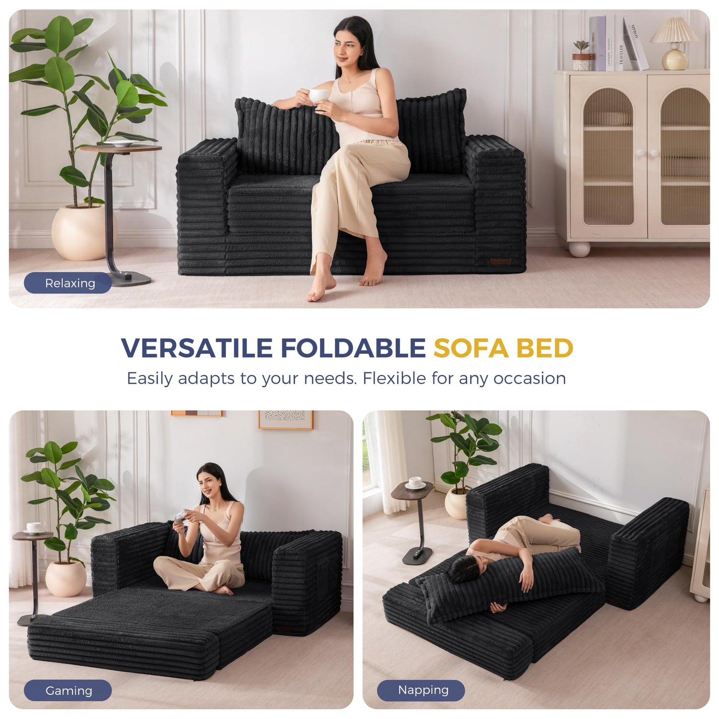 MAXYOYO Convertible Sofa Bed, 2 in 1 Folding Couch Bed for Small Space, Pull Out Loveseat Sofa Couch with Large Back Pillow, Plush Faux Fabric Lounge Couch for Living Room, Apartment, Black