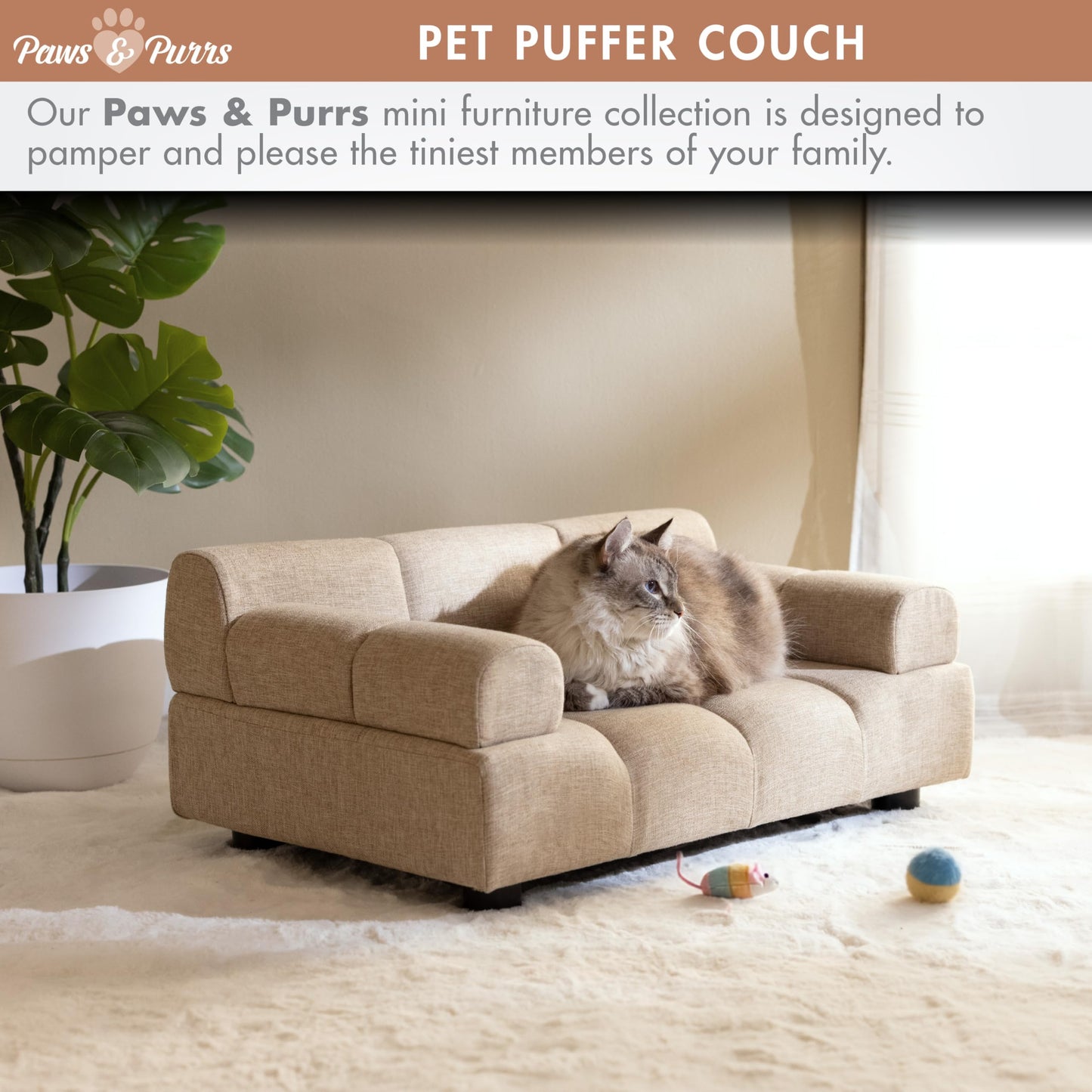 Paws & Purrs Puffer Pet Sofa Bed, Dog or Cat Couch with Tufted Cushion and Armrest, Stylish Indoor Pet Furniture, Sand