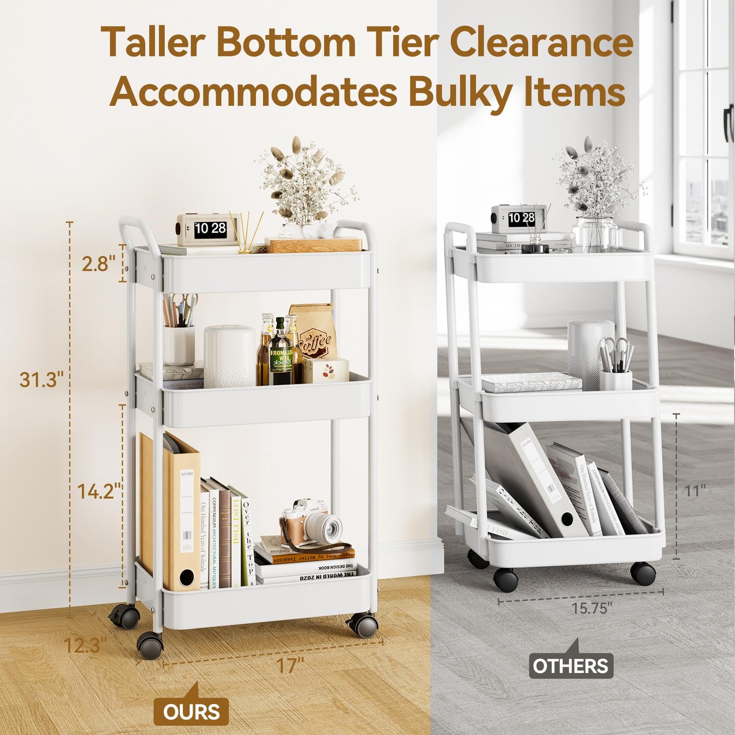 YASONIC 3-Tier Metal Rolling Cart, Sturdy Storage Utility Carts with Wheels, Multifunction Craft Art Organizer for Bedroom, Laundry, Garage, Office, Nursery, Bathroom, Easy Assembly (White)
