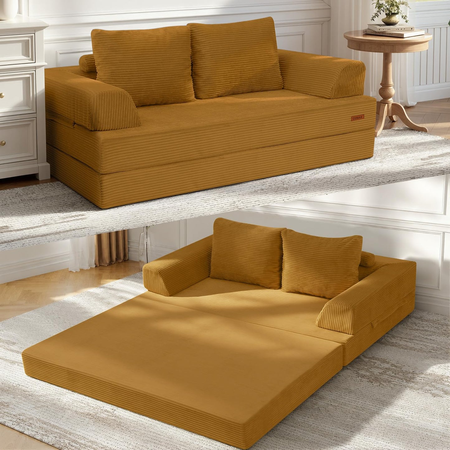COMAX Convertible Sofa Bed, Folding Floor Couch Corduroy Fold Out Couch Bed Futon Sleeper Mattress with Pillows, Boneless Sofa Comfy Lounge Loveseat for Living Room Bedroom, Yellow