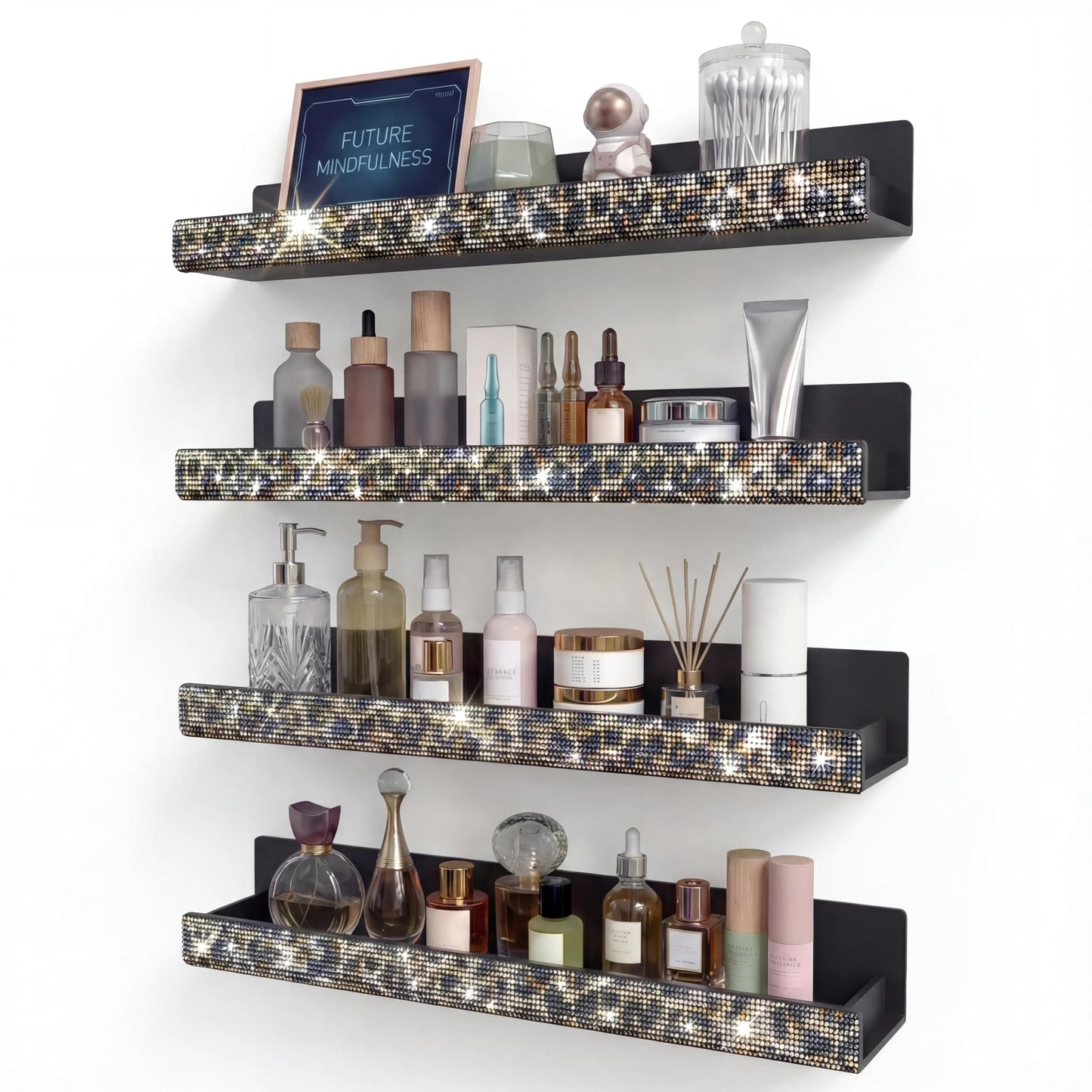Nail Polish Wall Shelf -15 Inch Acrylic Black with Bling Leopard Print Sparkling Crystal Rhinestone, Essential Oil Organizer, Sunglasses Picture Display, Nail Polish Rack for Bedroom, Studio 4 Pack