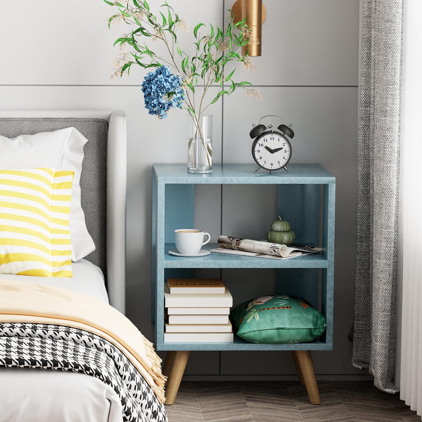 Aenuert Night Stand, Blue Kids Nightstand, Modern End Table with Open Storage, 2-Tier Nursery Bedside Table for Small Space, Living Room, Bedroom
