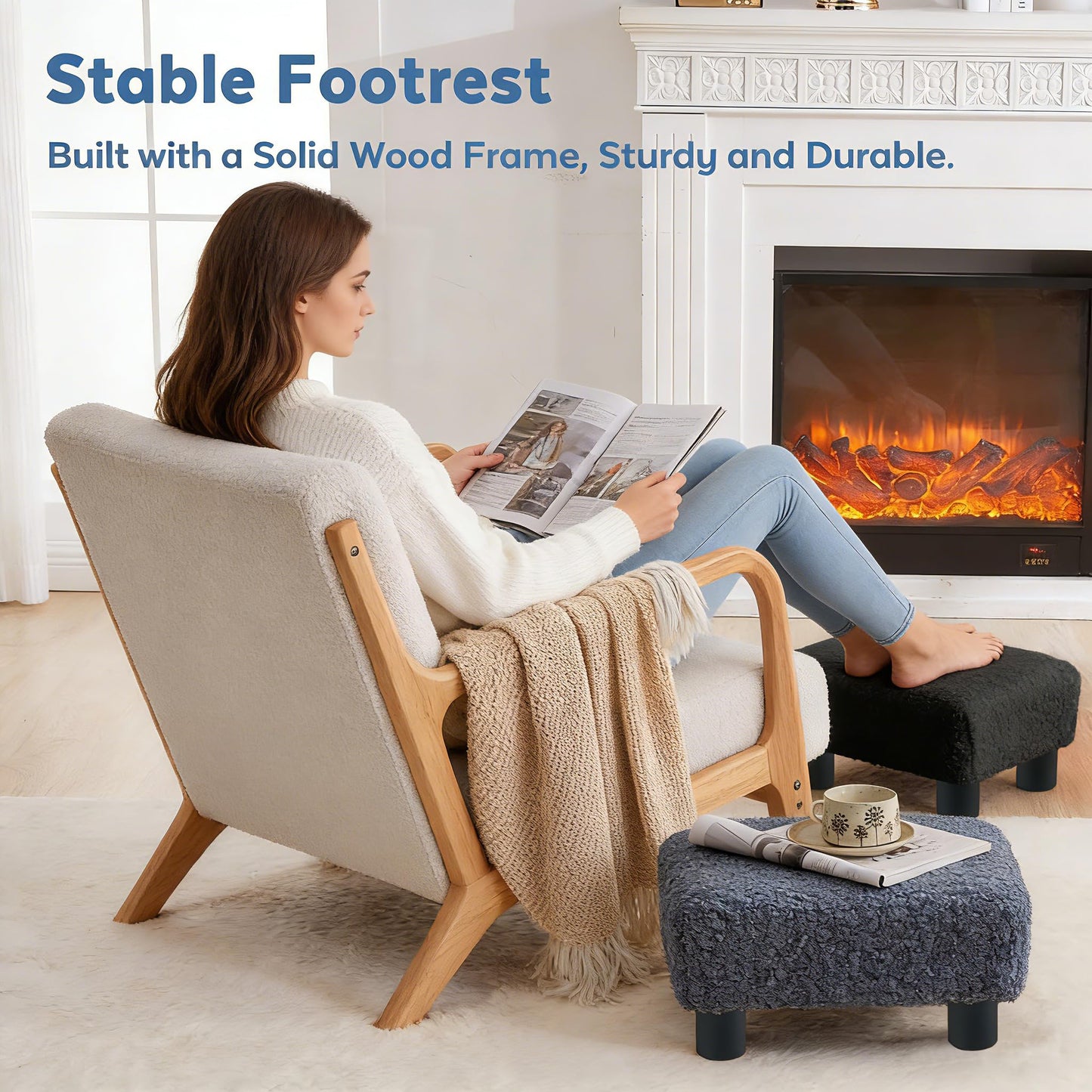 BRIAN & DANY Small Foot Stool Ottoman, Footstool with Legs, Sherpa Foot Rest for Couch, Foot Stools Small for Living Room, Bedroom and Office, Black
