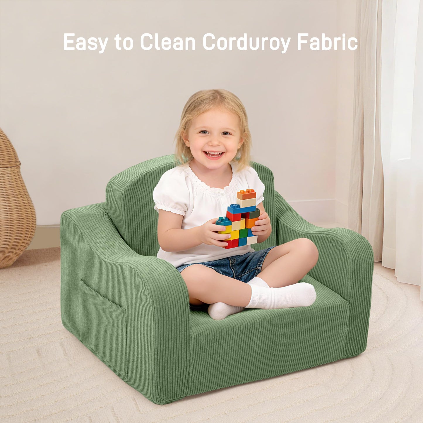 aodisman 2-in-1 Kids Chair and Couch, Thick Cozy Corduroy Kids Sofa, Convertible Foam Seating for Reading, Playing, Removable Washable Cover,Green