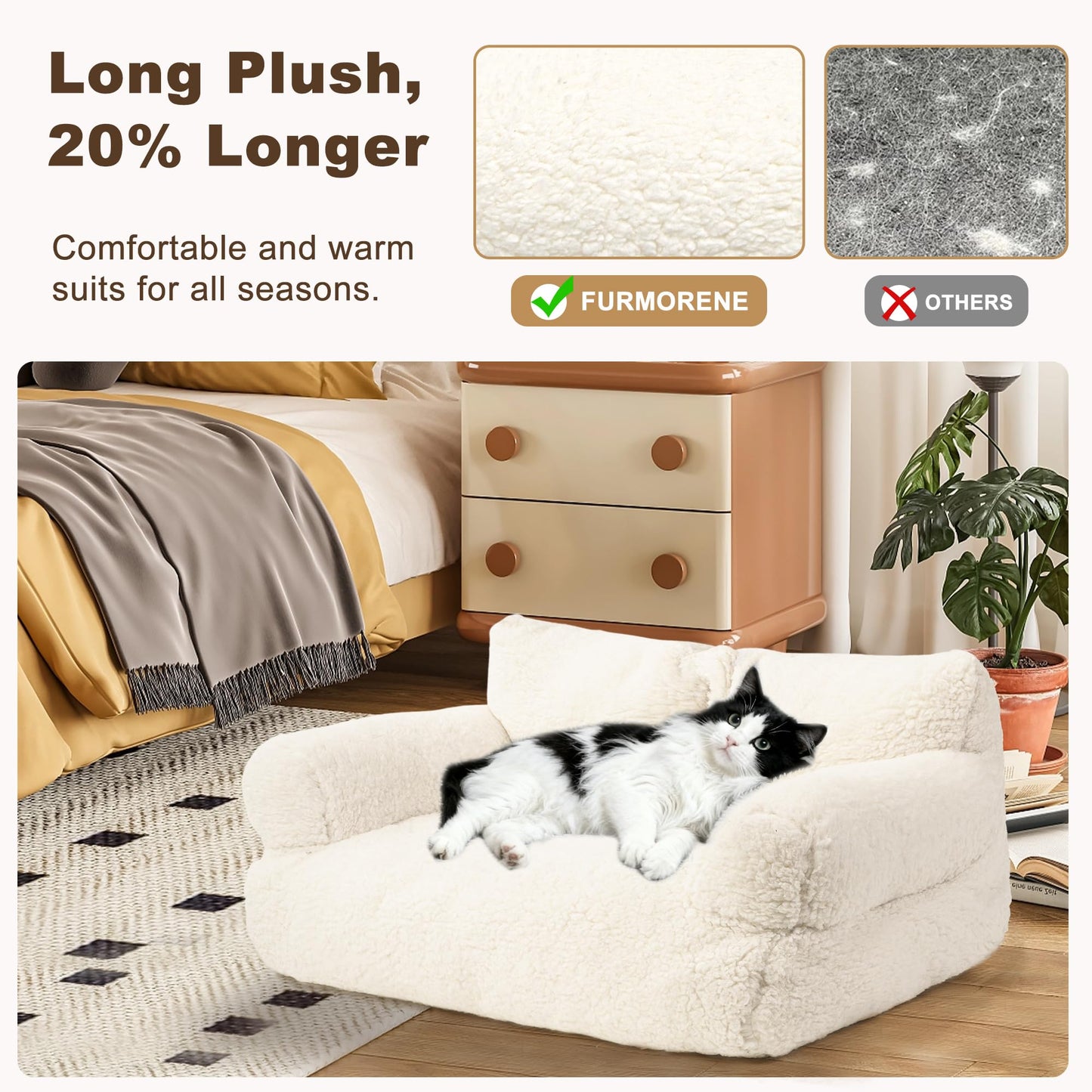 FURMORENE Large Cat Beds for Indoor Cats, Dog Couch Bed, Cute Cat Couch Sofas for Less 20lbs Kitten Puppy, Small Dog Sofas & Chairs with Removable Washable Cover, Soft Warm Pet Furniture, Cream
