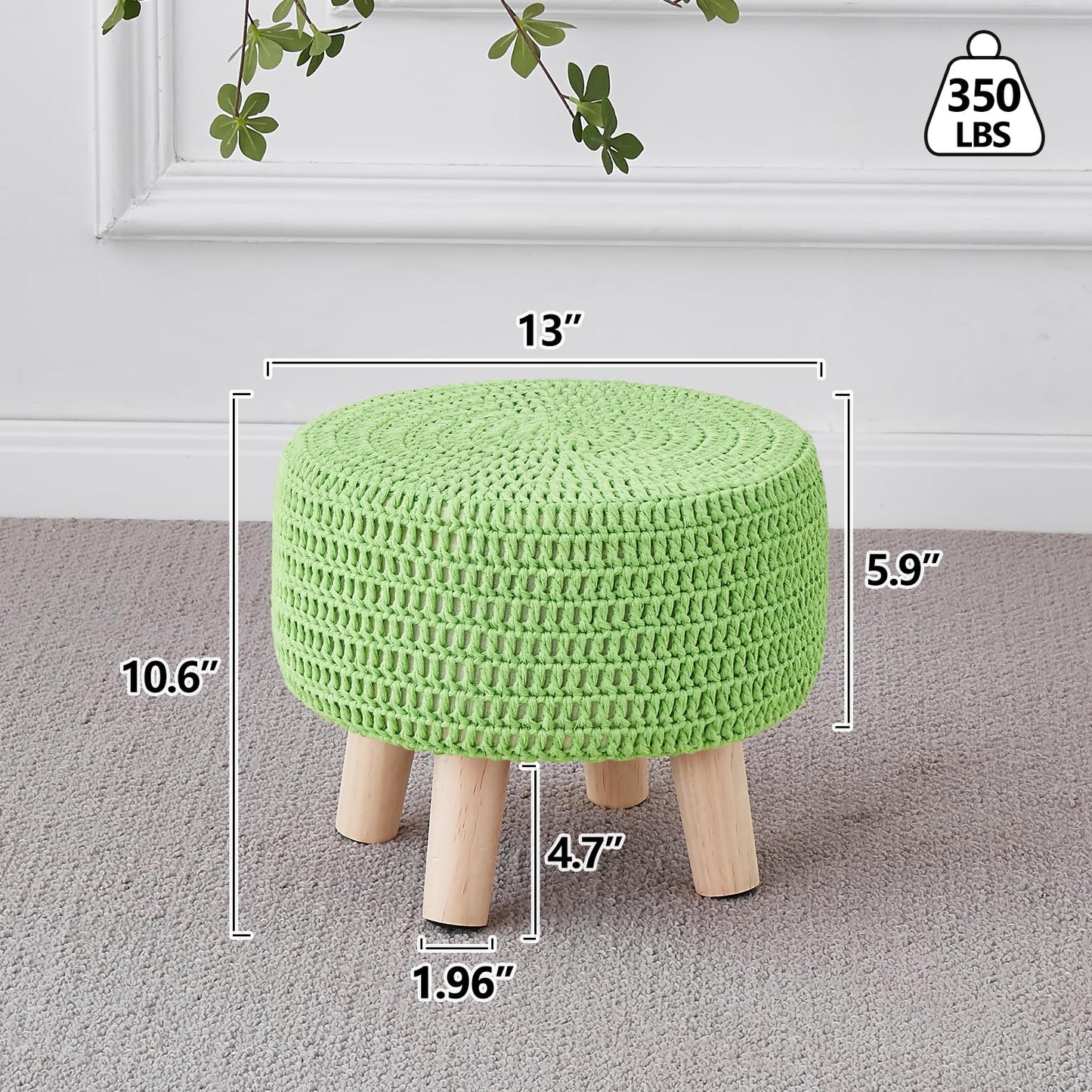 Wimarsbon Pouf Ottoman, 100% Cotton Knitted Boho Footstool, Round Footrest with Non-Skid Wood Legs, Home Décor Handmade Pouffe, Leisure Floor Step Stool for Living Room (Matcha)