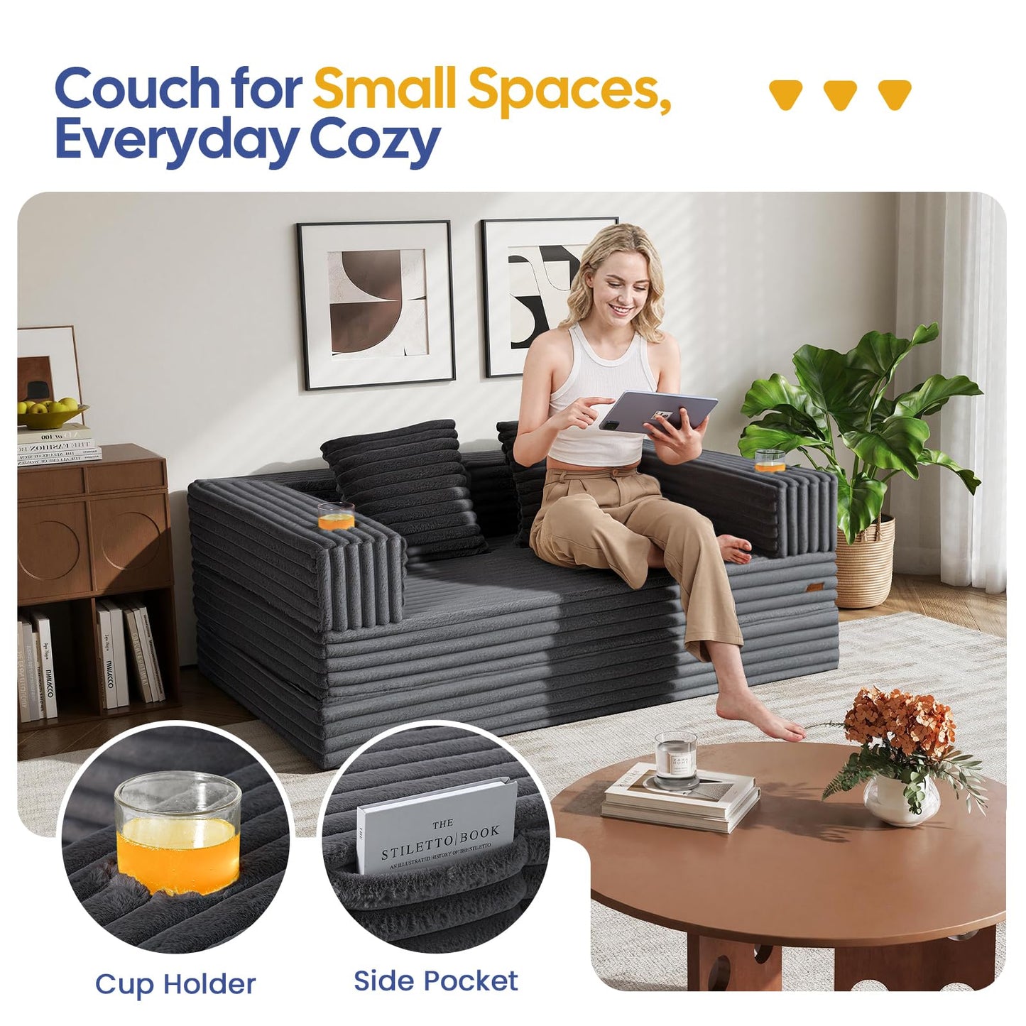 COMAX Futon Sofa Bed, 4‑in‑1 Convertible Sofa Bed, Boneless Couches for Living Room, Fold Out Small Foldable Loveseat Space‑Saving, Ash Gray