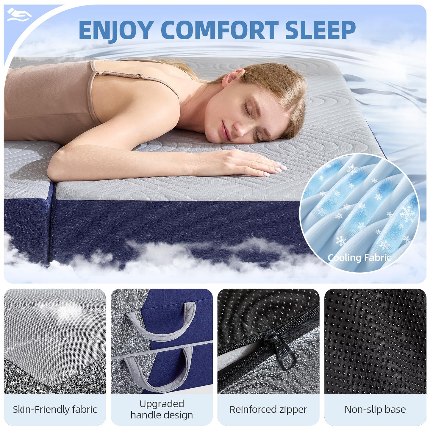 Lansteen Cooling Foldable Mattress, 6 Inch Memory Foam Mattress/Topper With Cold Breathable Effect, Trifold Mattress For Murphy Bed, Portable Folding Floor Bed For Guest, Camping, Travel, Yoga - Queen
