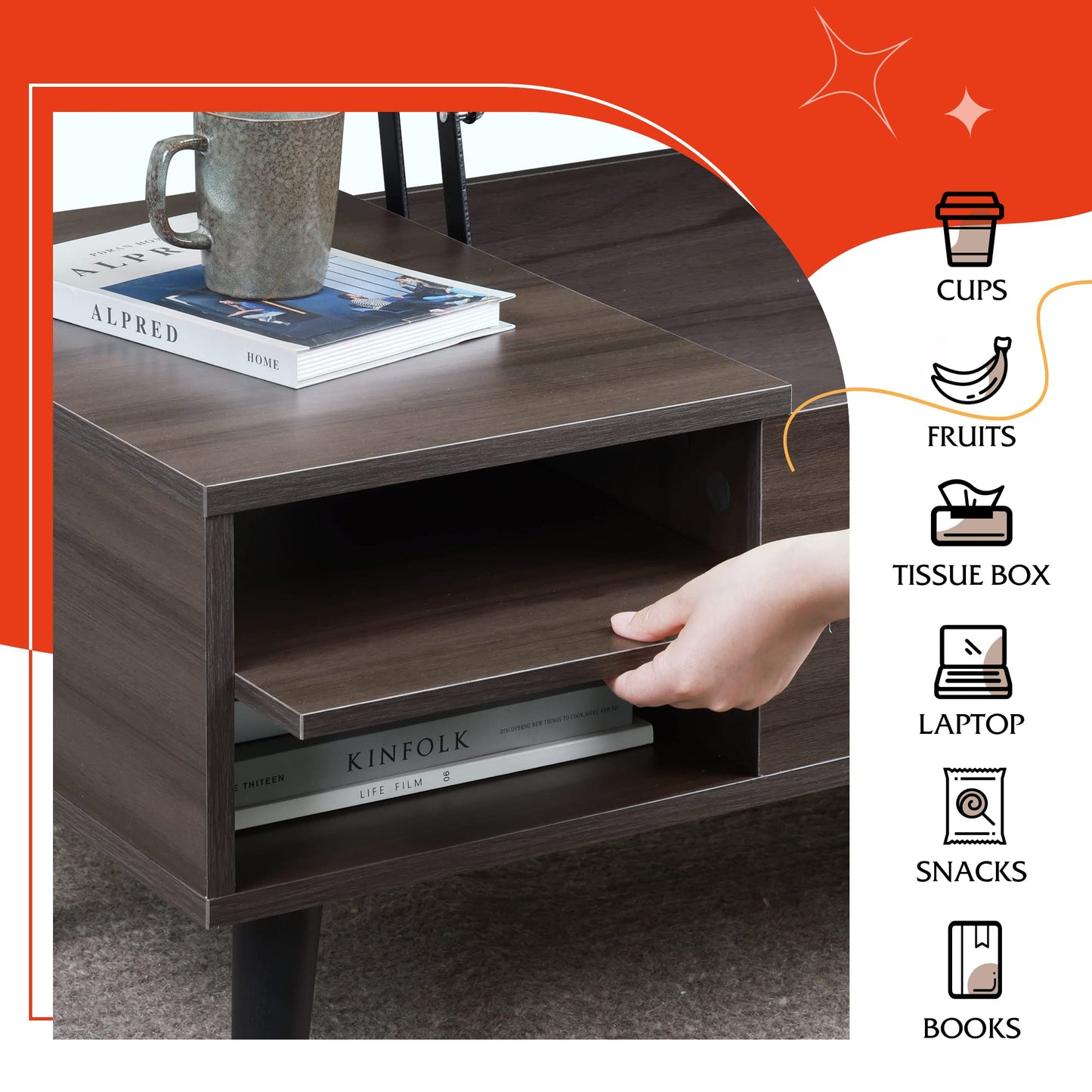WLIVE Lift Top Coffee Table for Living Room, Small Coffee Table with Storage, Adjustable Shelf and Storage Compartment, Mid Century Modern Living Room Table, Wood, Grey