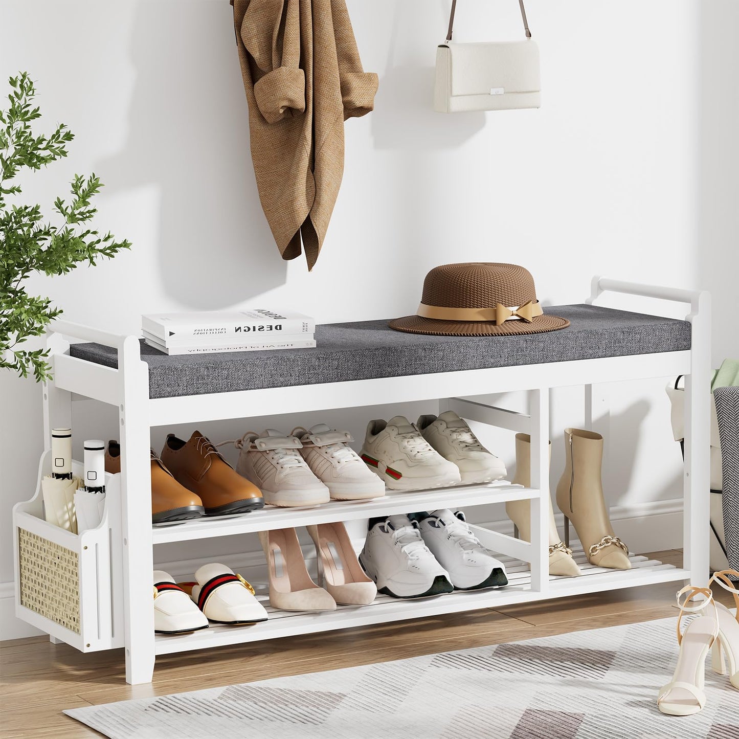Homaxy 2-Tier Shoe Rack Bench with Side Holder, 39.4 in Bamboo Entryway Bench, Shoe Rack Organizer with Cushion for Front Entrance, Hallway Living Room Bedroom, White and Dark Grey