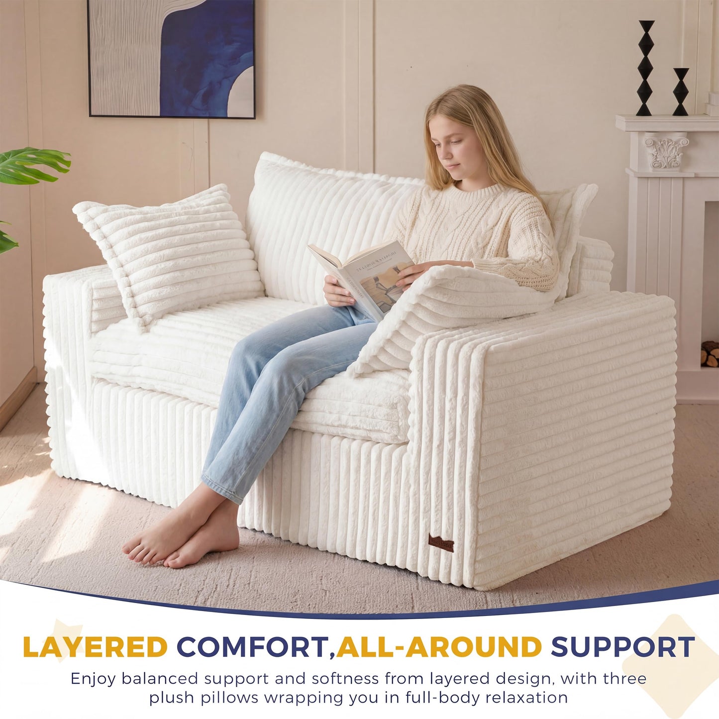 MAXYOYO Bean Bag Sofa Couch, Loveseat Boneless Couch in a Box, Upholstered Small Mini Sofa for Living Room Bedroom Apartment, No Assembly, Beige