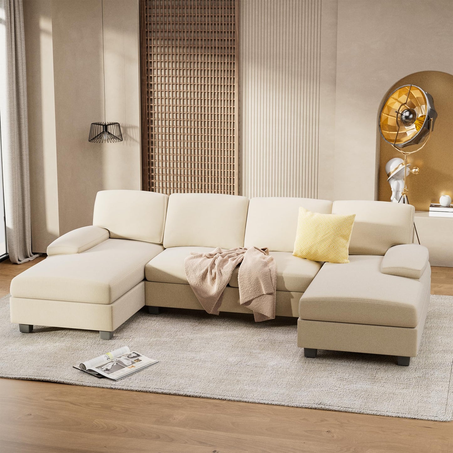 Furniwell Convertible Sectional Sofa Couch, 4 Seat Sofa Set for Living Room U-Shaped Modern Fabric Modular Sofa Sleeper with Double Chaise & Memory Foam (Fabric, White)