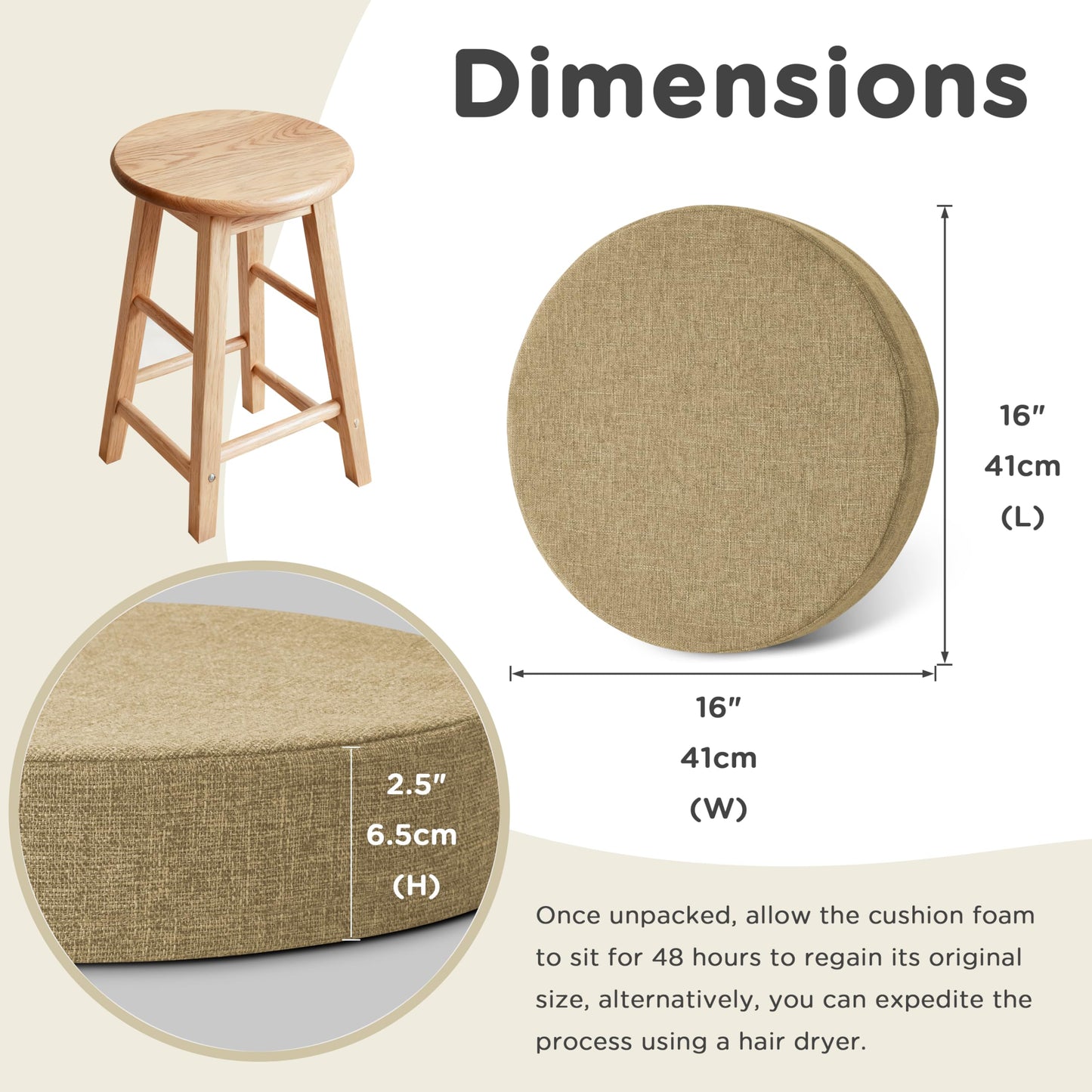 AddGrace 2.5" Thick Non Slip Round Chair Pad 1 Pack, 16" Round Chair Cushion with Machine-Washable Cover and Long Zipper, Seat Cushions for Kitchen, Office, Floor and 16" Ottoman, Beige