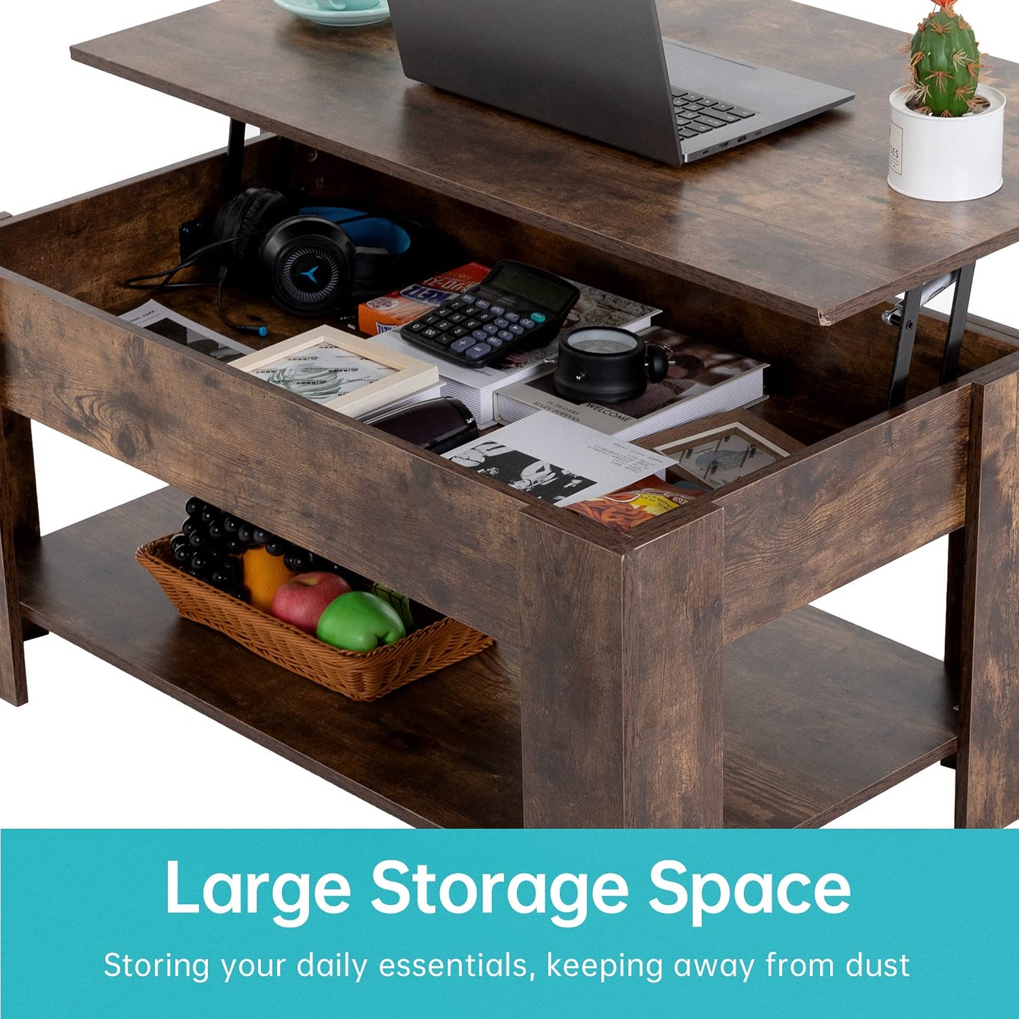 FDW Lift Top Coffee Table with Hidden Compartment and Storage Shelf Wooden Lift Tabletop for Home Living Room Reception Room Office,39.4",Brown