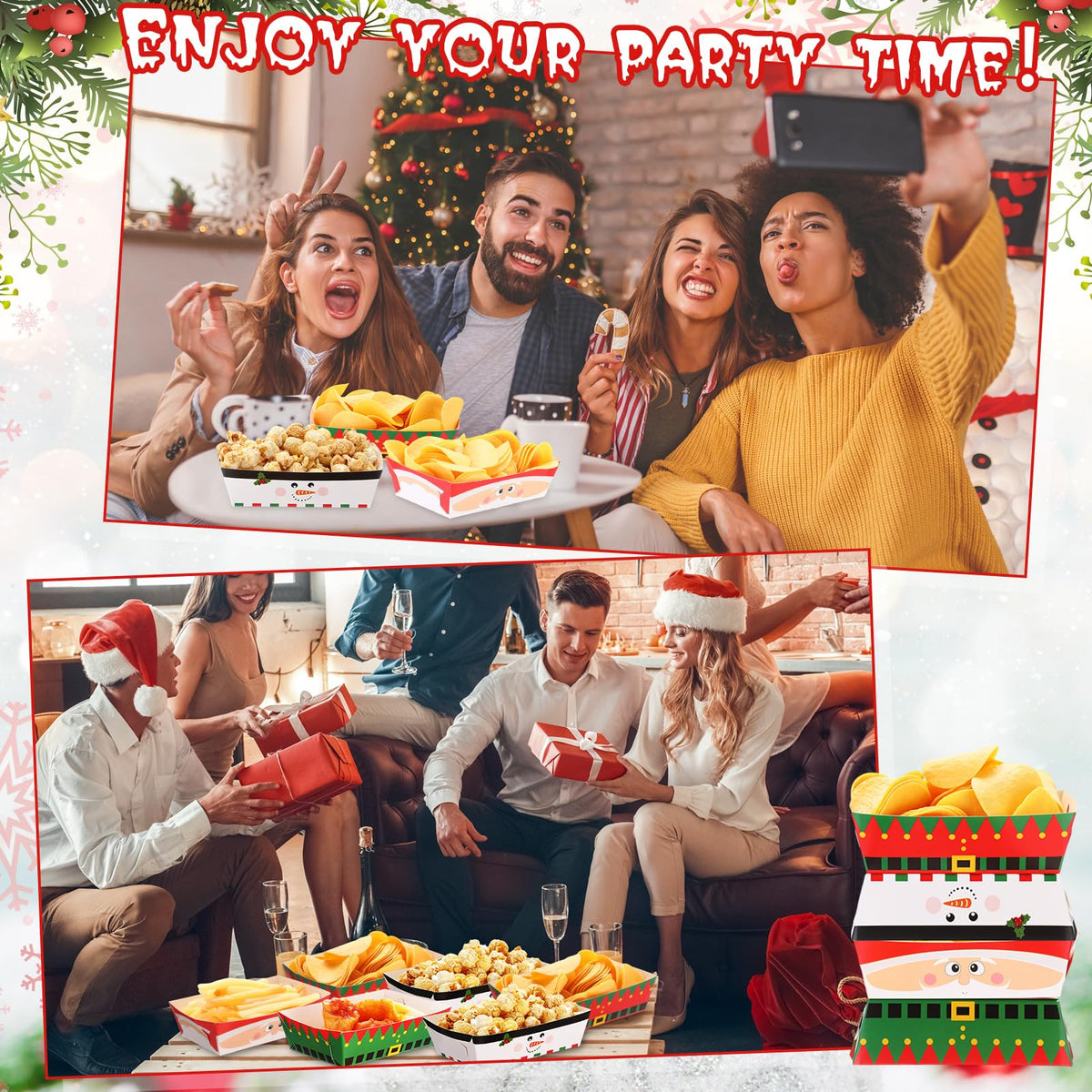 Dunzoom 48 Pcs Christmas Paper Food Trays Plates Disposable Christmas Movie Snack Trays Santa Elf Snowman Red Green Plates Nacho Hot Dog Serving Boat for Xmas Party Supplies Decoration (Style 1)