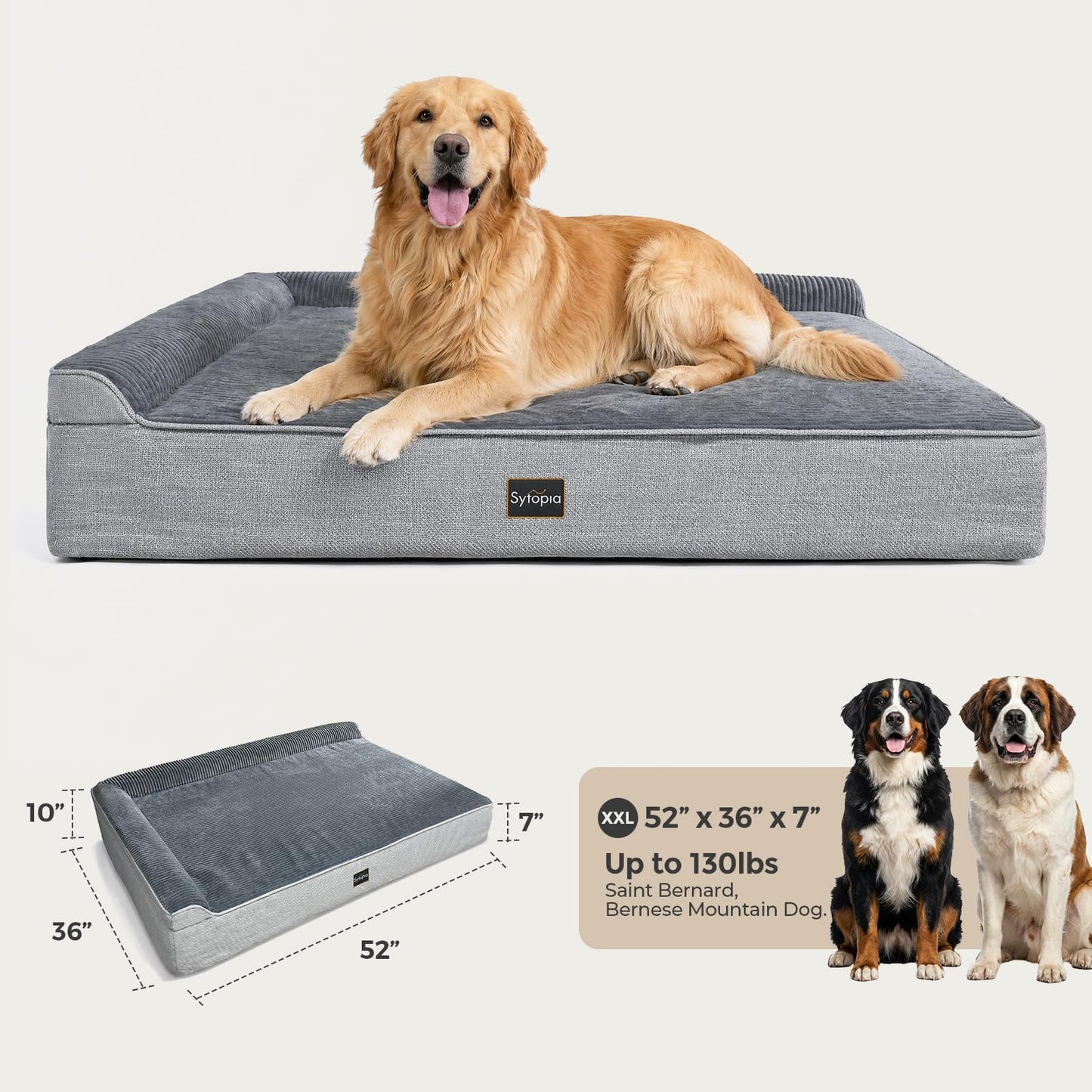 Sytopia Orthopedic Dog Bed for Large Senior Dogs, 7 Inch Thick XXL Memory Foam Dog Bed with L Shaped Bolsters, Orthopedic Pet Couch with Waterproof Liner & Removable Washable Cover, 52"x36"x7"