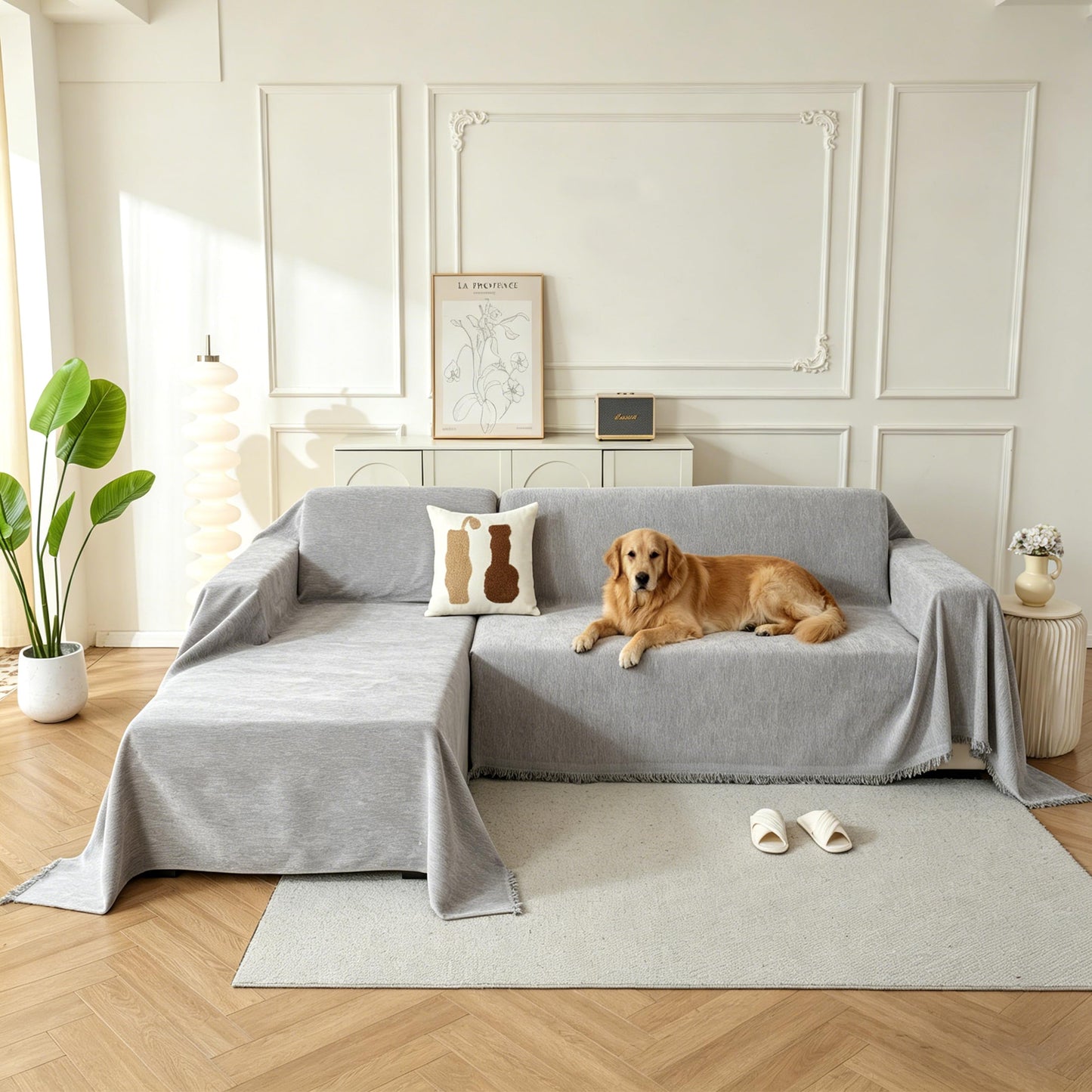 KaviKon Sectional Couch Covers 2-Piece for L Shape Sofa, Chenille Washable Sofa Cover for 2-3 Cushion Couch, Non-Slip Furniture Protector for Dogs,Pets, Soft Couch Blanket Slipcovers Sets (L-Grey)