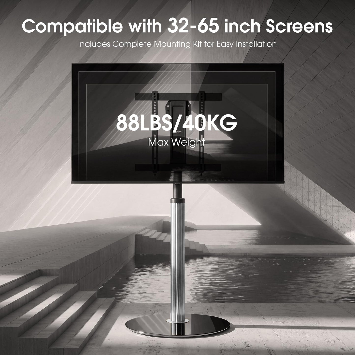 AOKCOS Aluminum Grille Floor TV Stand for 32-65 inch TVs up to 88lbs, Swivel and Tilt TV Mount with Glass Base, Height Adjustable TV Stand for Living Room Bedroom