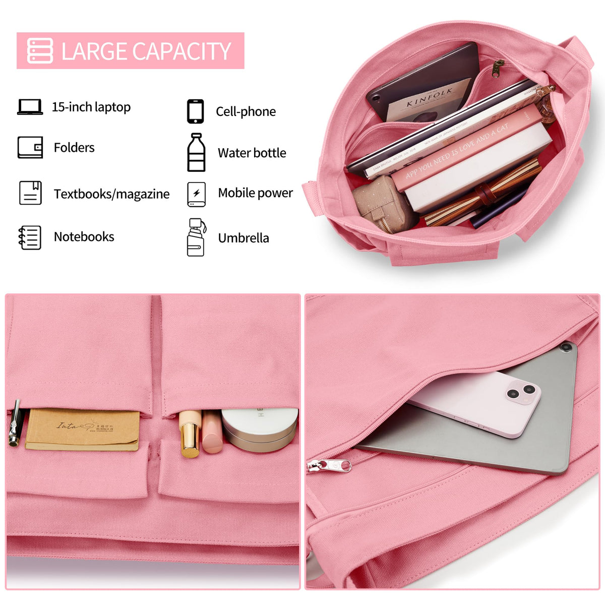 Canvas Messenger Bag for Women Men, Large Crossbody Bag for College Work Travel Daily, Pink