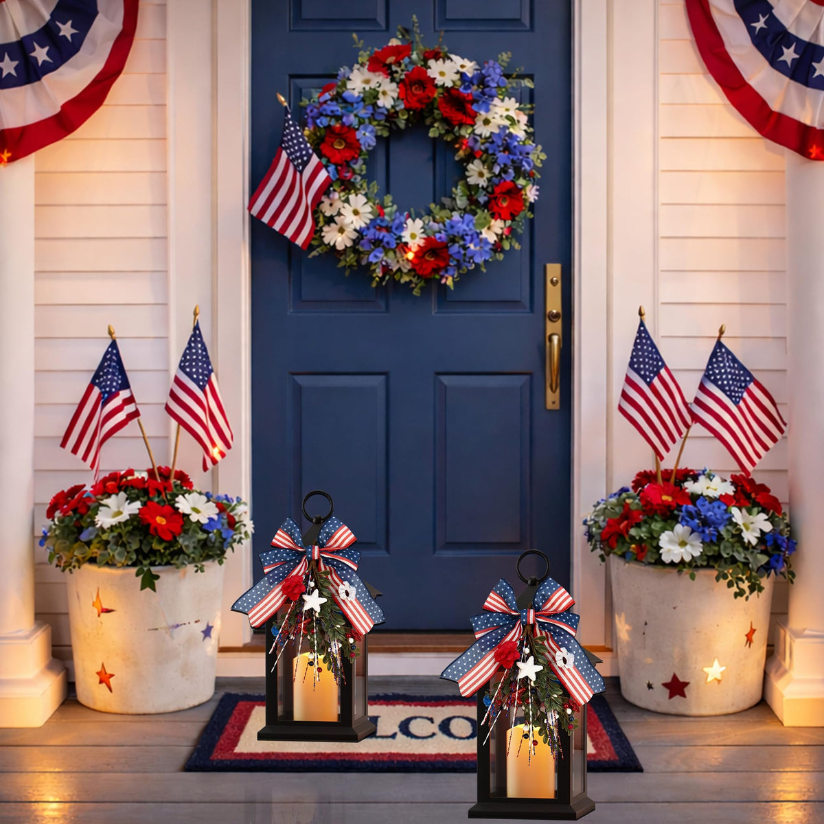 JOHUNT Patriotic Lanterns Decorative Indoor, 14" Black Lantern with Timer Flameless Candle, Battery Operated Waterproof Outdoor Hanging 4th of July Lanterns for Porch, Patio, Patriotic Decorations