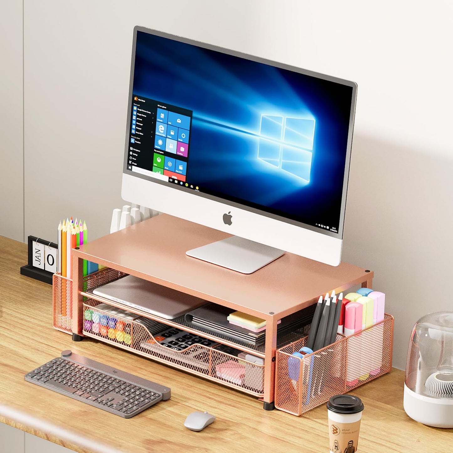 OPNICE Desk Organizers and Accessories, 2-Tier Computer Monitor Stand with Drawer and 2 Pen Holders, Laptop Stand, Office Desk Accessories for Office Supplies, Rose Gold