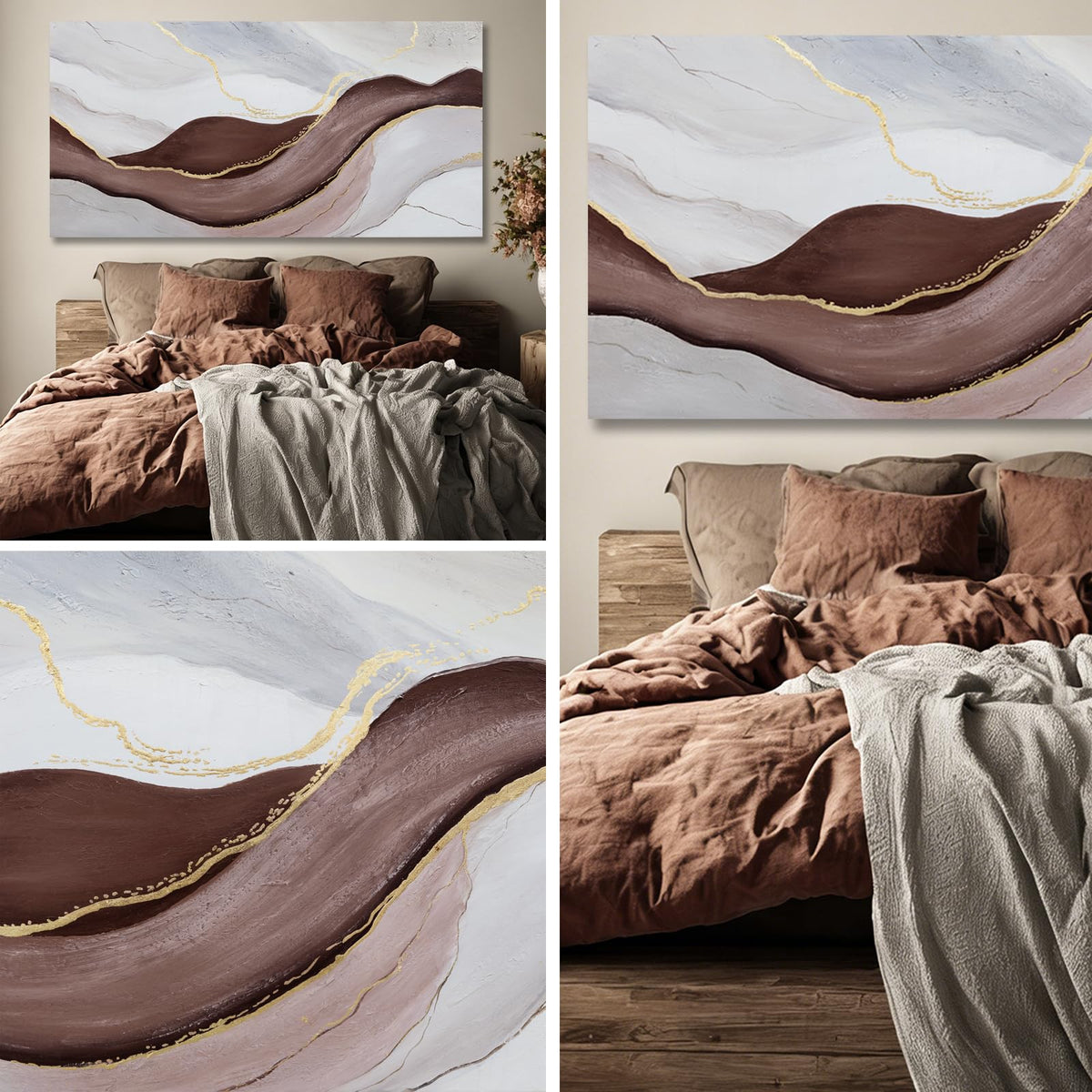 Hue7Art Modern Abstract Canvas Wall Art Neutral Flowing Lines Painting in White Gray and Brown, Minimalist Contemporary Artwork for Living Room Bedroom Office Wall Decor 24x48 Inch